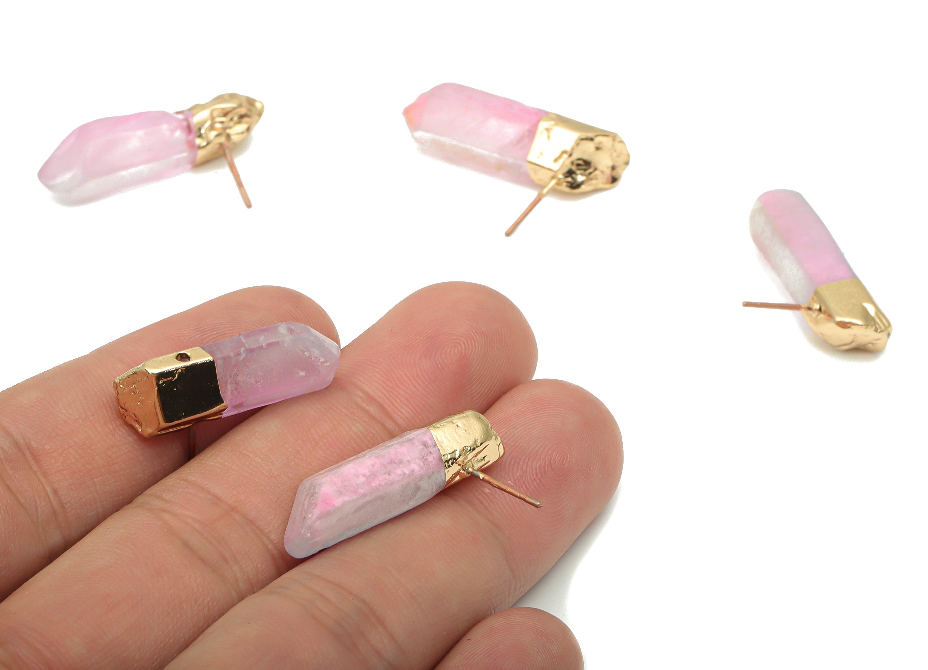 Rainbow Aura Quartz Crystal Earring Stud - Natural Stone Earring Post - Gold Tone Plated Stone – Stainless Steel Stud - 27x9x7mm –NS1742C - DOMEDBAZAAR