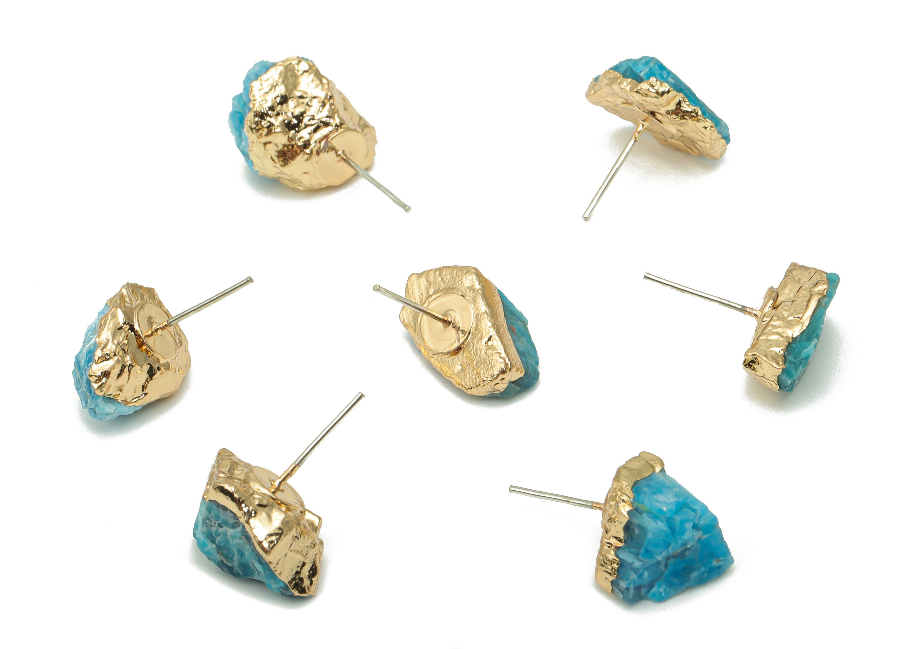 Blue Apatite Raw Stone Earring Stud - Natural Stone Earring Post - Gold Tone Plated Stone – Stainless Steel Stud - 17.2x13x10mm – NS1741B - DOMEDBAZAAR