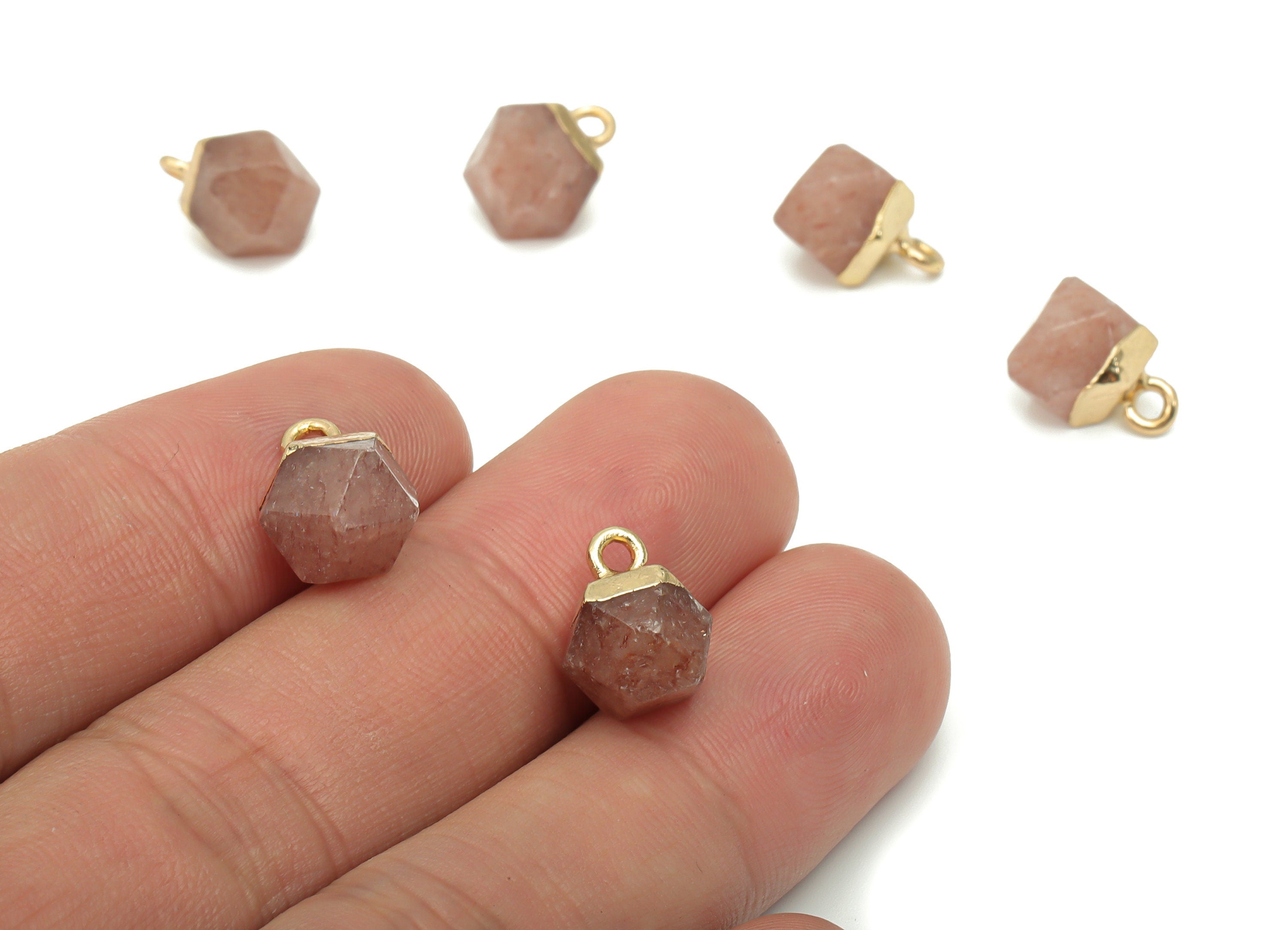 Strawberry Quartz Crystal Hexagon Charms - Iron Hexagon Pendant - Faceted Natural Stone - Gold Tone Plated Iron – 11.56x7.96x7.96mm– NS1849C - DOMEDBAZAAR