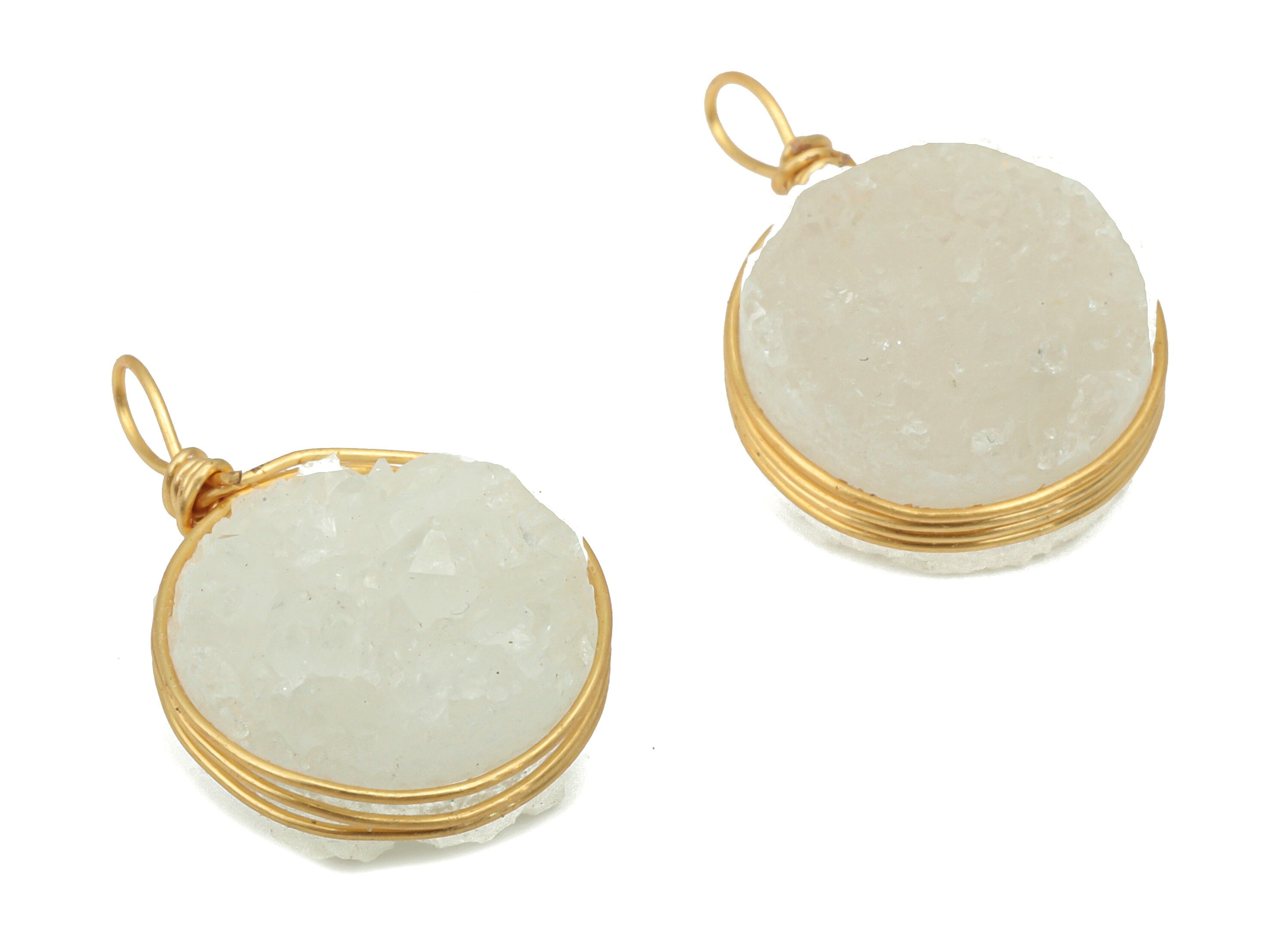 White Druzy Quartz Crystal Charms - Brass Wire Wrapped Round Pendant - Natural Stone - Gold Tone Plated Brass – 18.98x12.78x6.4mm – NS1746 - DOMEDBAZAAR