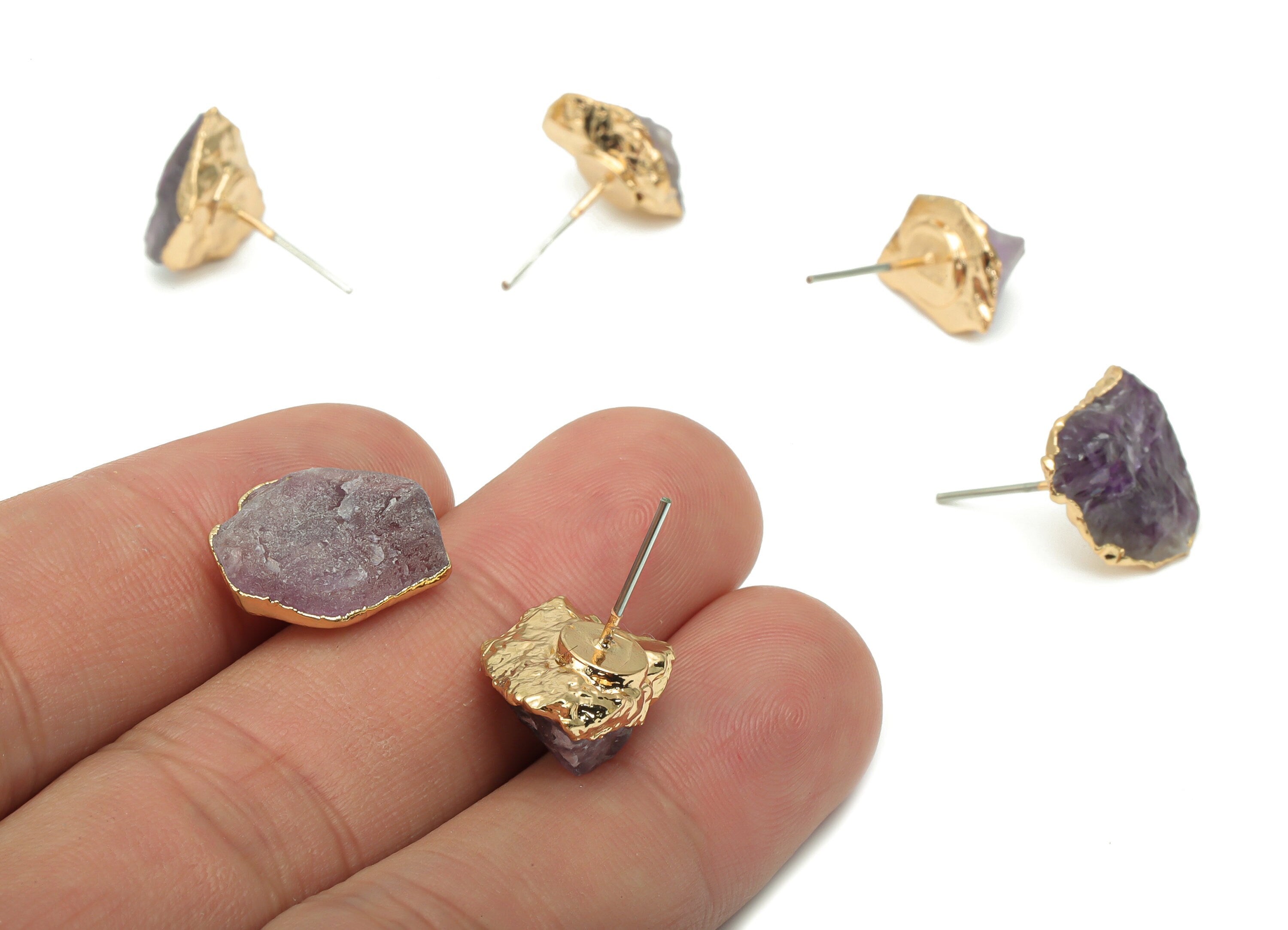 Amethyst Raw Stone Earring Stud - Natural Stone Earring Post - Gold Tone Plated Stone – Stainless Steel Stud - 16.58x12.1x8.3mm – NS1741C - DOMEDBAZAAR