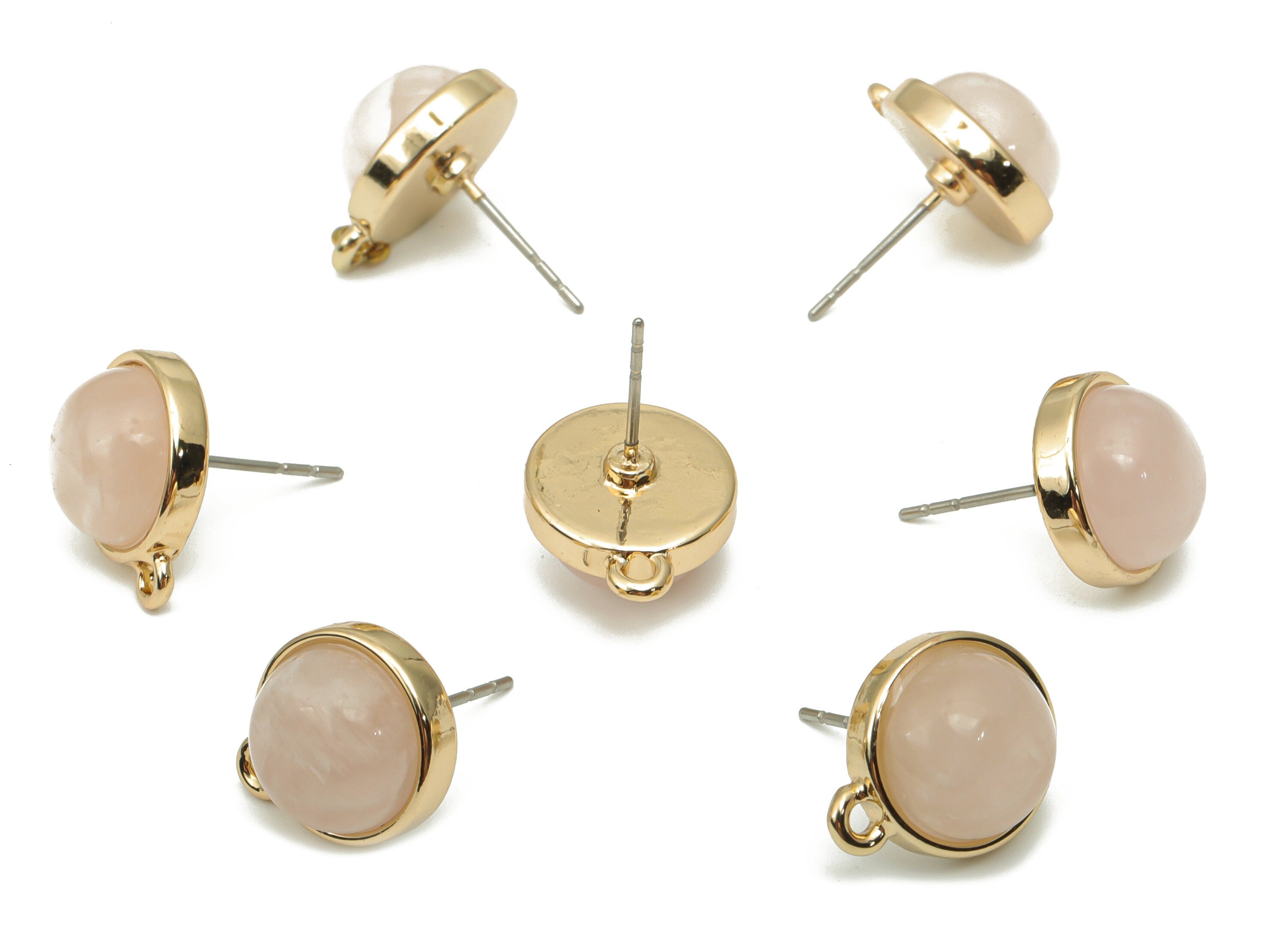 Rose Quartz Crystal Stud - Brass Circle Earring Post - Natural Stone - Gold Tone Plated Brass – Stainless Steel Stud - 14.7x12x8mm – NS1749 - DOMEDBAZAAR