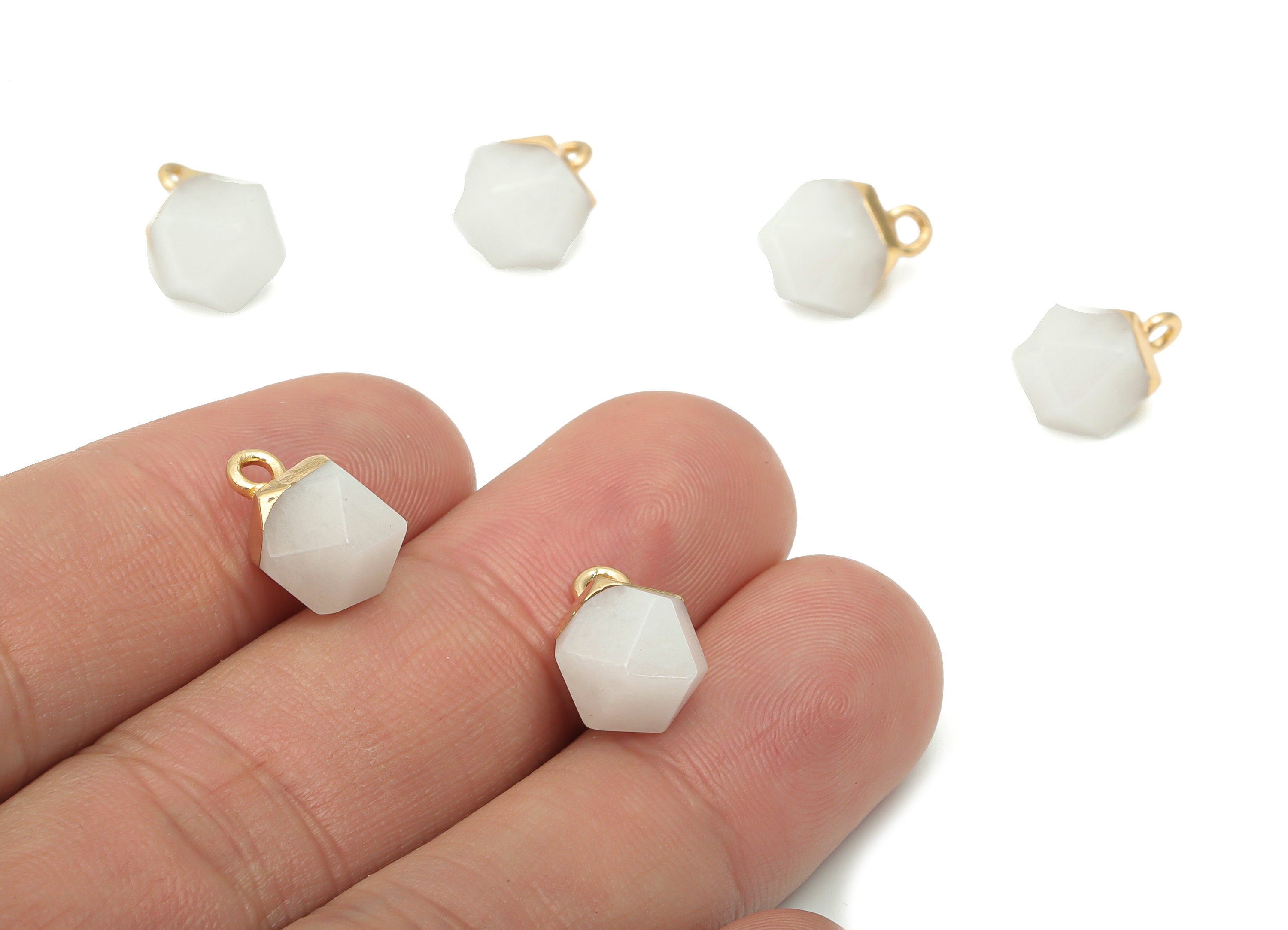 White Jade Hexagon Earring Charms - Iron Hexagon Pendant - Faceted Natural Stone - Gold Tone Plated Iron – 11.56x7.96x7.96mm – NS1849B - DOMEDBAZAAR