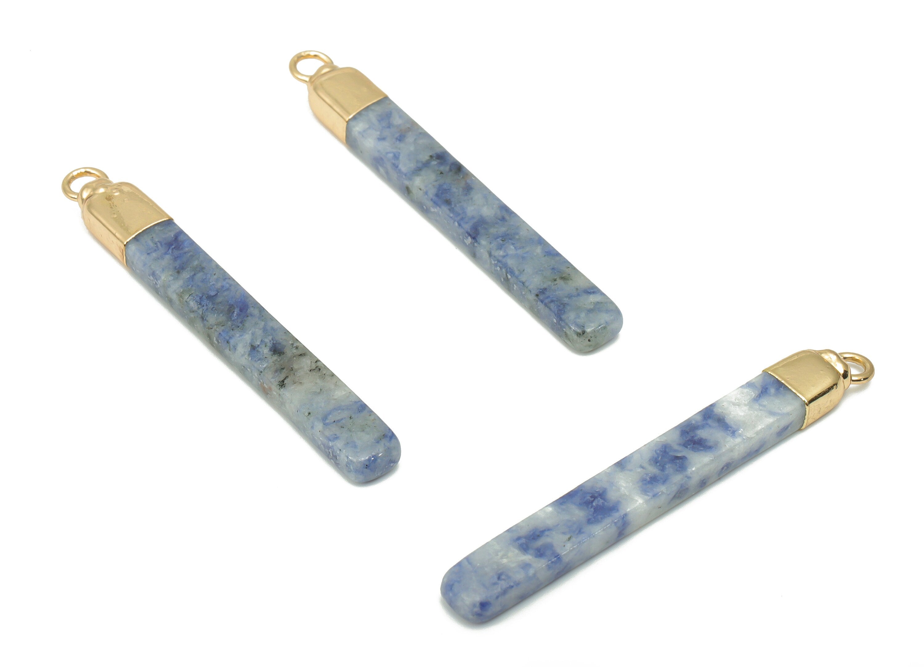 Blue Spot Jade Long Bar Charms - Iron Strip Pendant - Natural Stone - Gold Tone Plated Iron – Jewelry Supplies - 43.88x5.19x3.48mm – NS1760C - DOMEDBAZAAR
