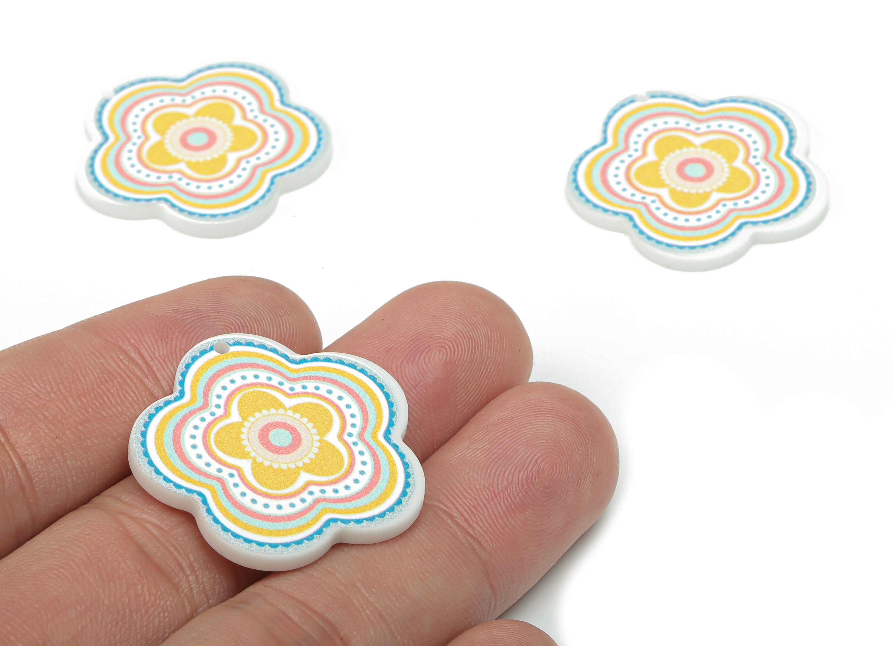 Acrylic Rainbow Flower Earring Charms - Acrylic Sun Flower Pendant - Printing Textured - Jewelry Supplies - 29.51x29x1.86mm - AC2479E - DOMEDBAZAAR