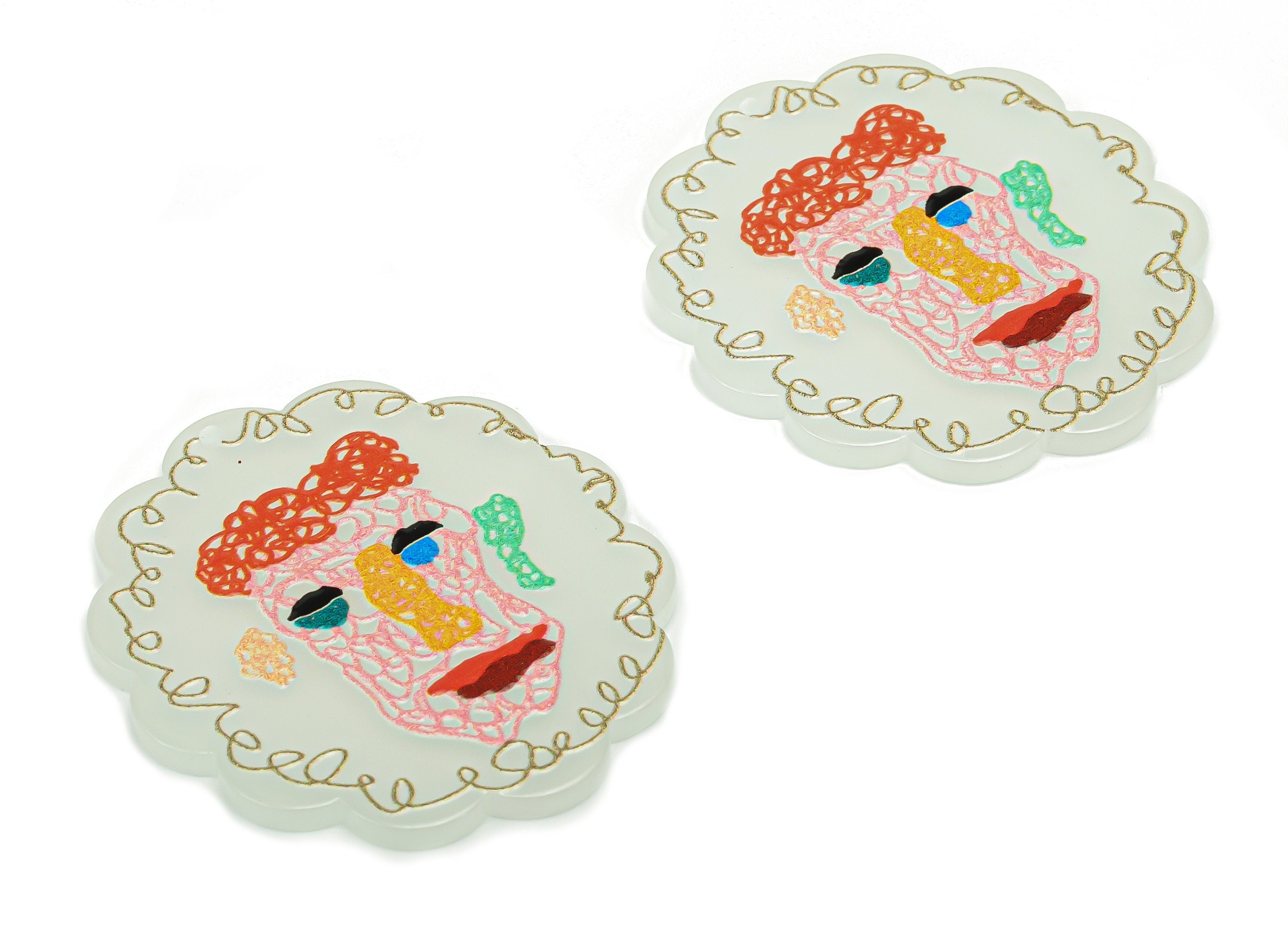 Acrylic Abstract Face Earring Charms - Acrylic Face Flower Pendant - Printing Textured - Jewelry Supplies - 39.24x34.12x2.33mm - AC2476B - DOMEDBAZAAR