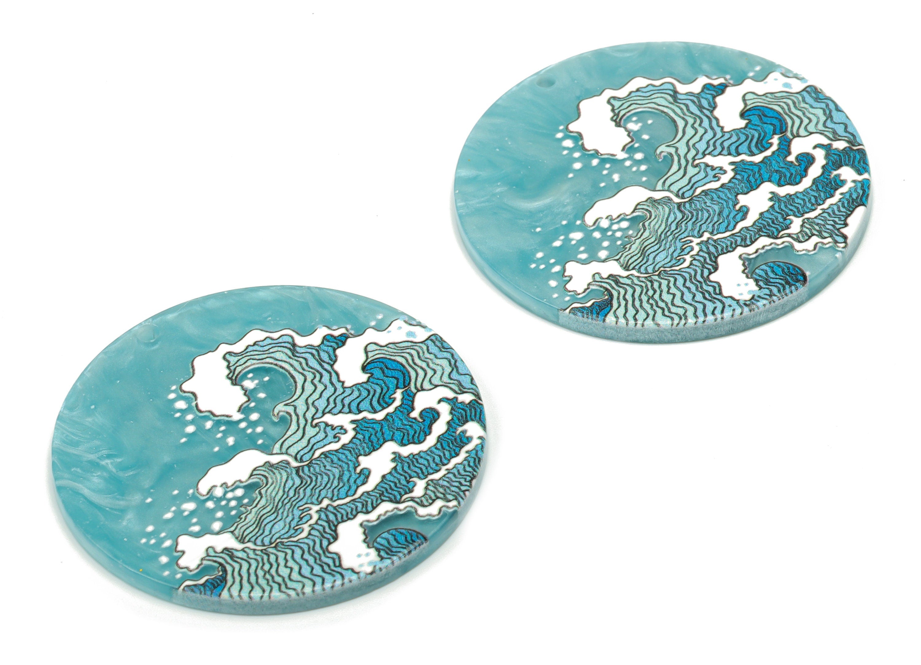 Acrylic Round Swallow Big Waves Charms - Acrylic Waves Circle Pendant - Printing Textured - Jewelry Supplies - 37.6x37.6x2.3mm - AC2477A - DOMEDBAZAAR