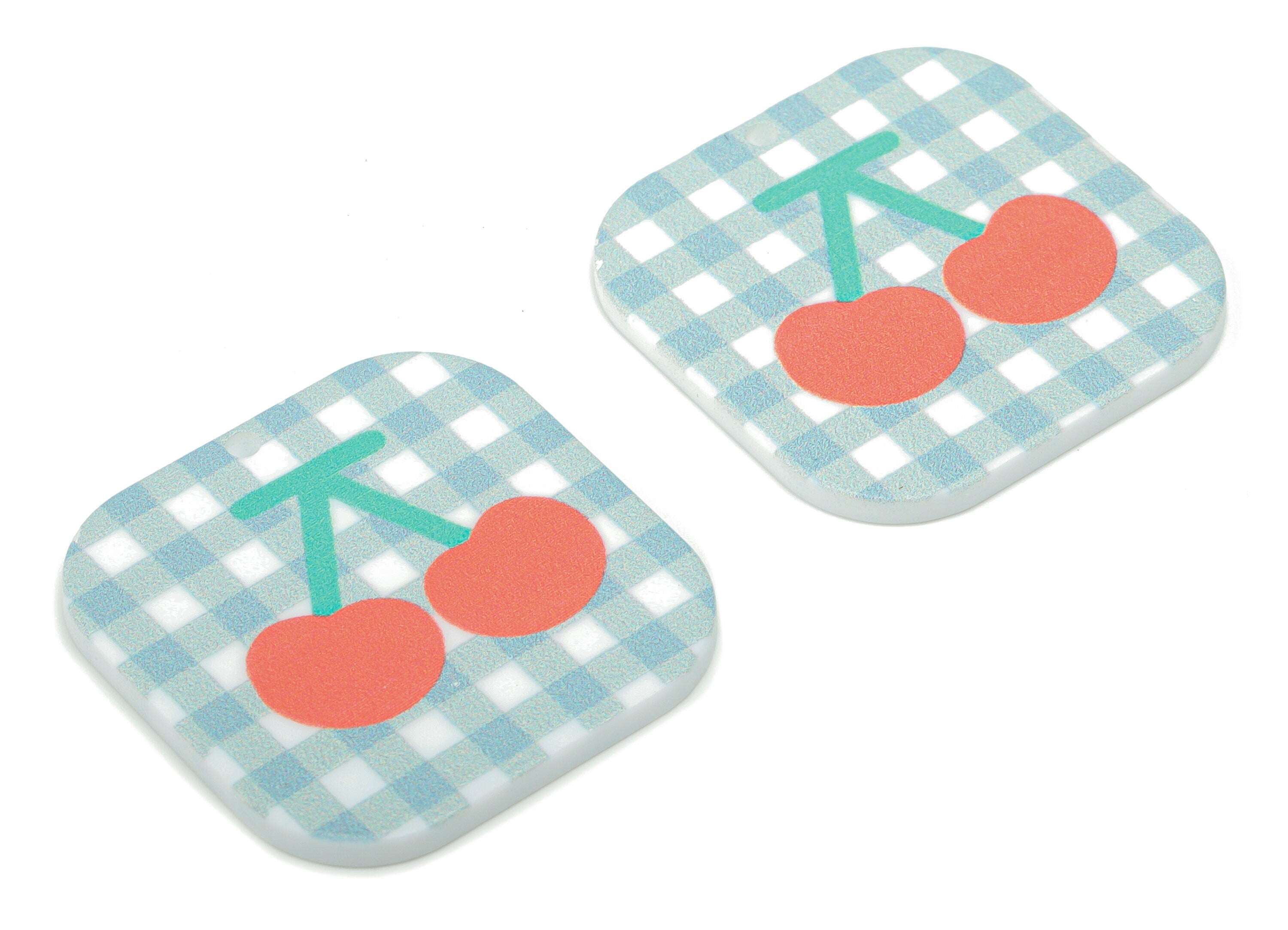 Acrylic Square Lattice Cherry Earring Charms - Acrylic Square Plaid Pattern Cherry Pendant - Printing Textured - 29.8x30x2.3mm- AC2480B - DOMEDBAZAAR