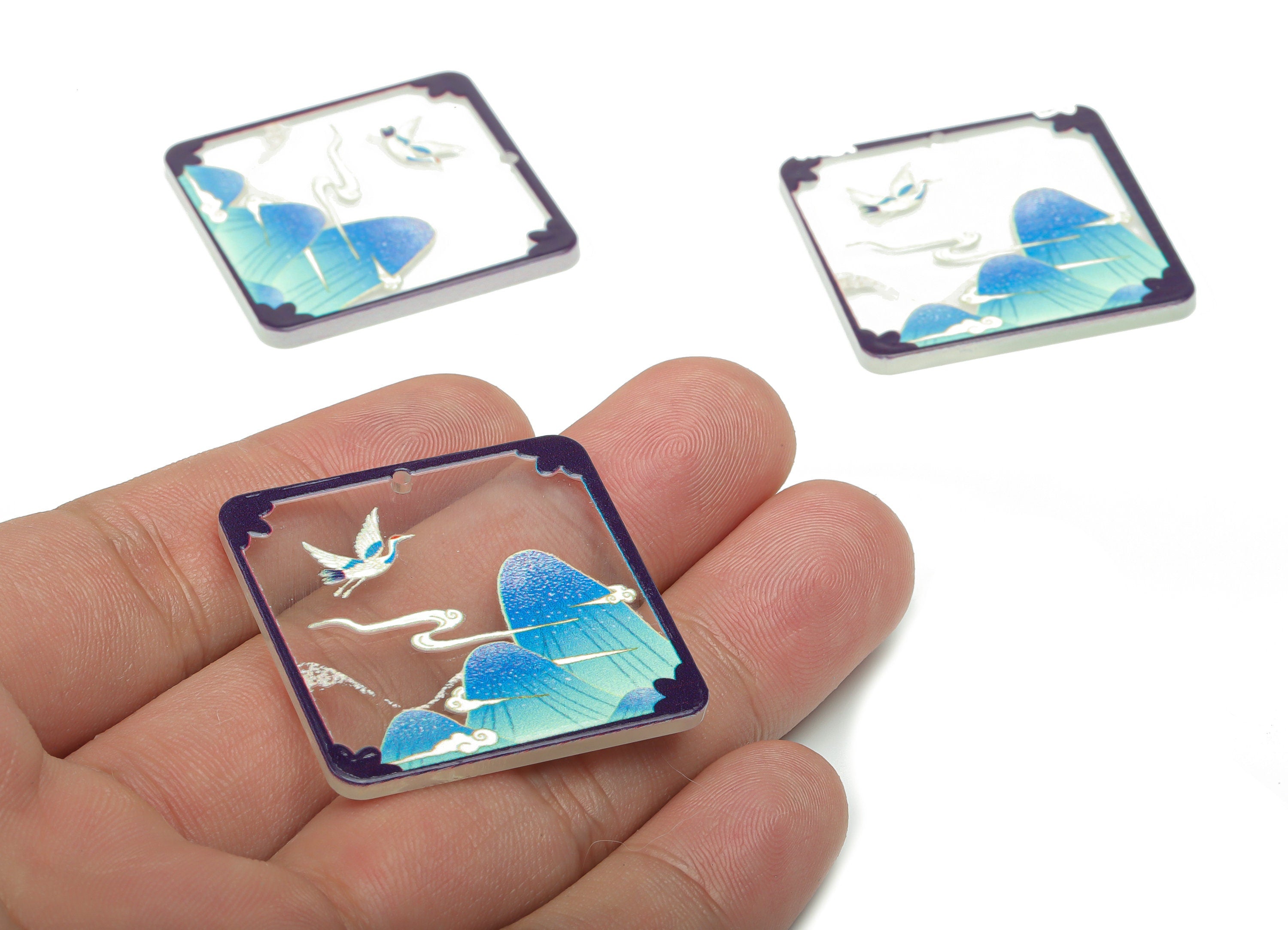 Acrylic Square Warbler Cloud Earring Charms - Acrylic Painting Square Mountain Pendant - Printing Textured - 34.83x34.76x2.24mm - AC2475D - DOMEDBAZAAR