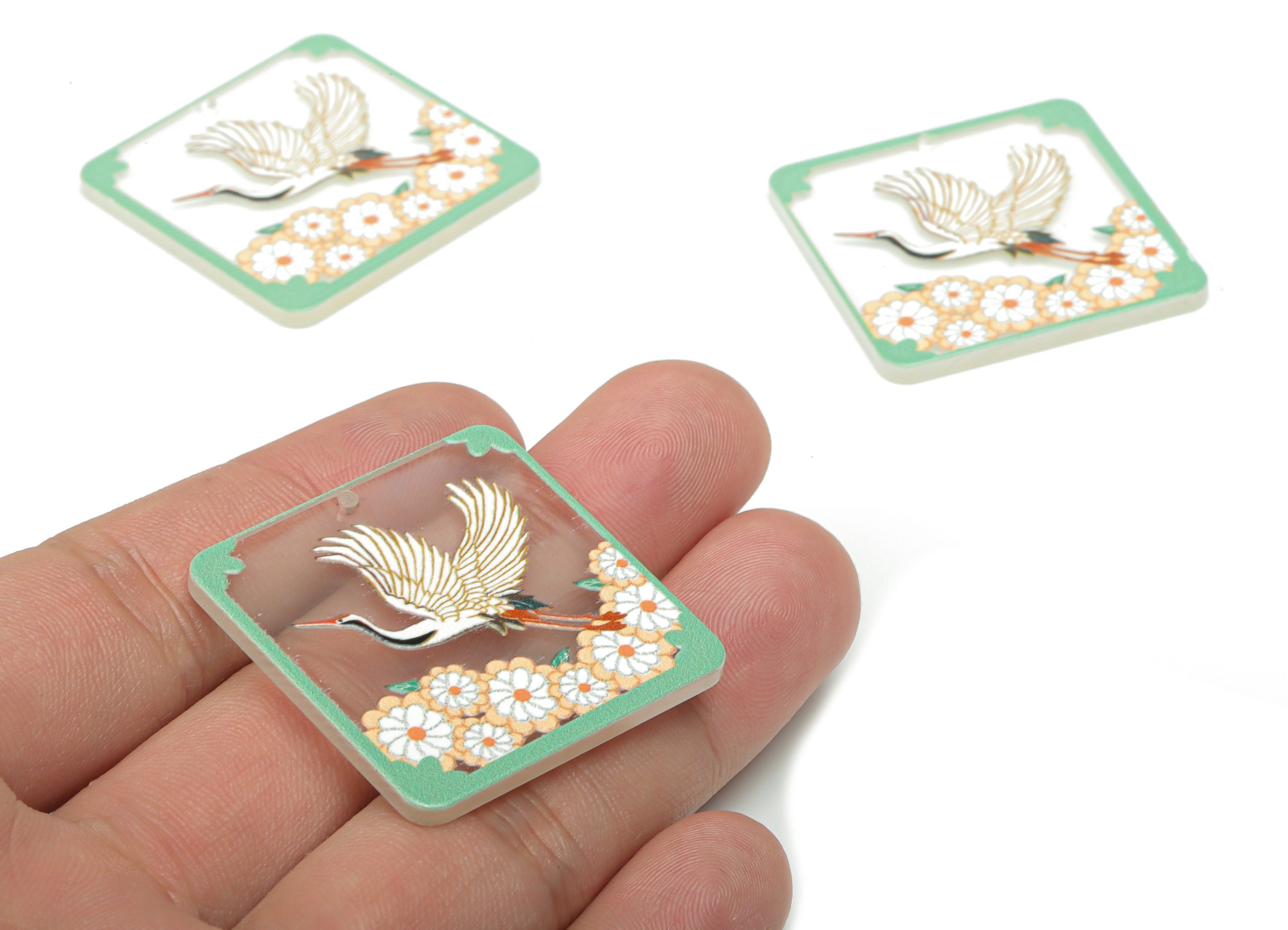 Acrylic Square Crane Flower Earring Charms - Acrylic Painting Square Bird Leaf Pendant - Printing Textured - 34.83x34.76x2.24mm - AC2475C - DOMEDBAZAAR
