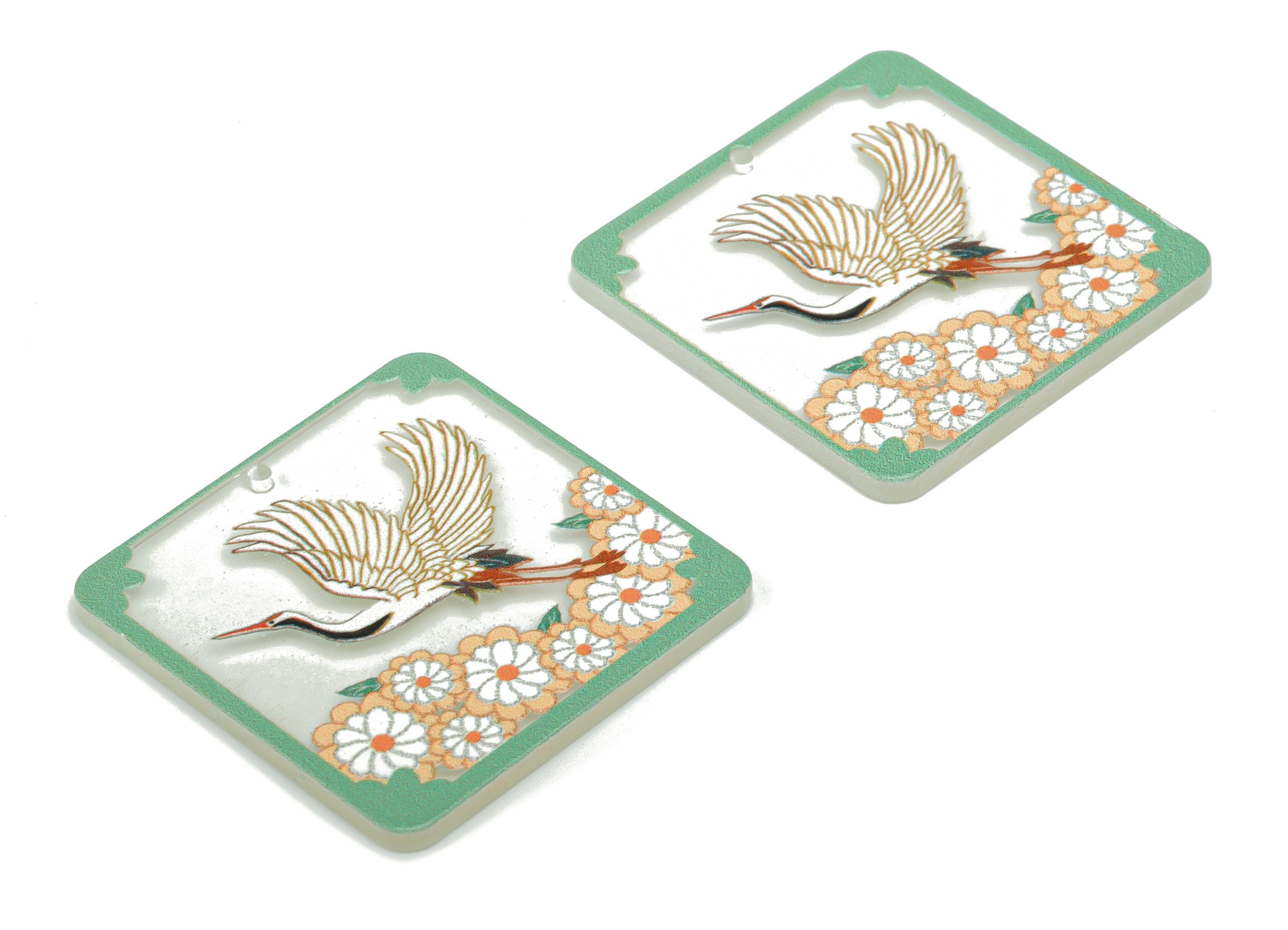 Acrylic Square Crane Flower Earring Charms - Acrylic Painting Square Bird Leaf Pendant - Printing Textured - 34.83x34.76x2.24mm - AC2475C - DOMEDBAZAAR