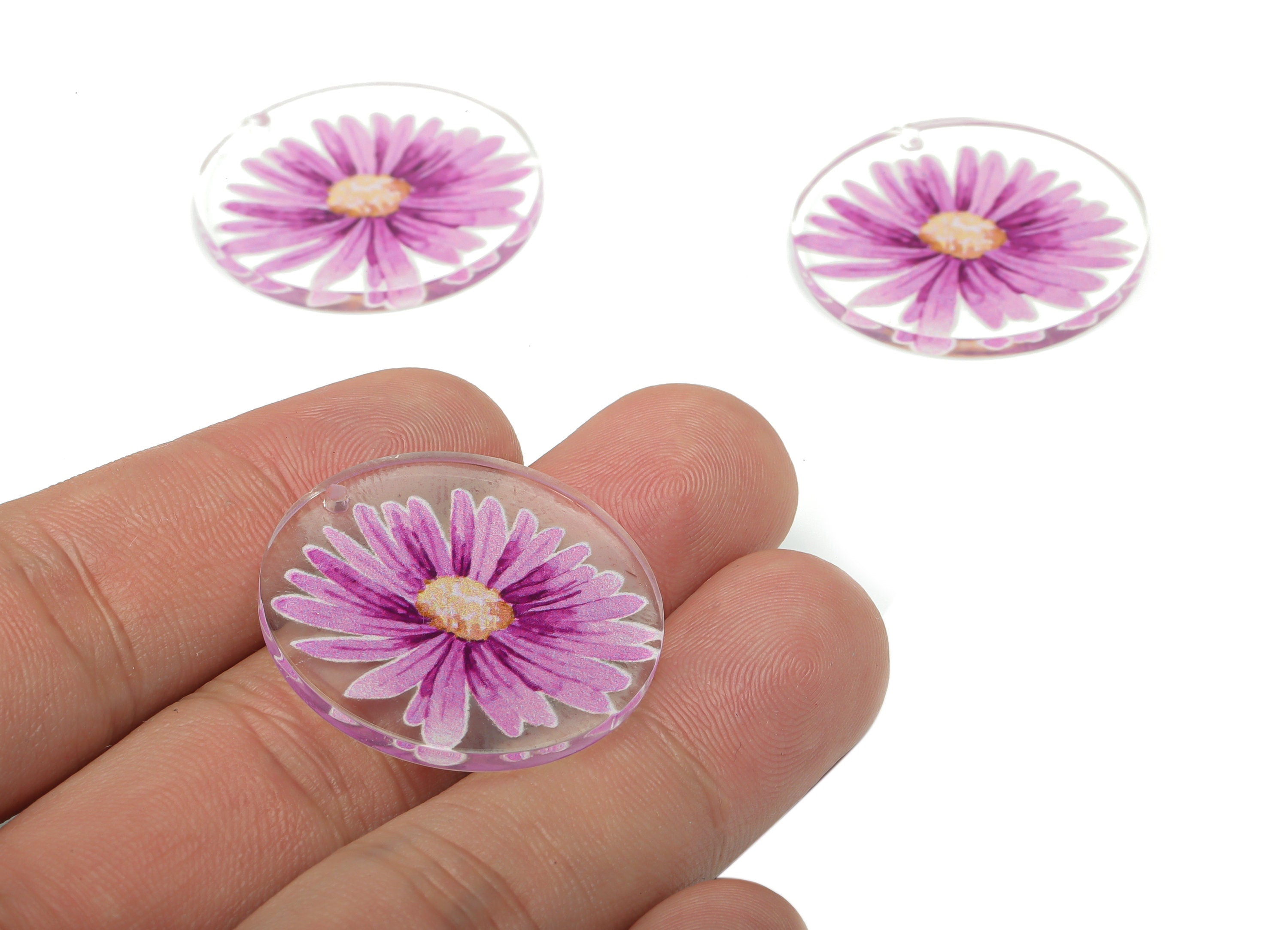 Acrylic Round Chrysanthemum Earring Charms - Acrylic Flower Circle Pendant - Printing Textured - Jewelry Supplies - 29.8x29.8x2.3mm- AC2484B - DOMEDBAZAAR