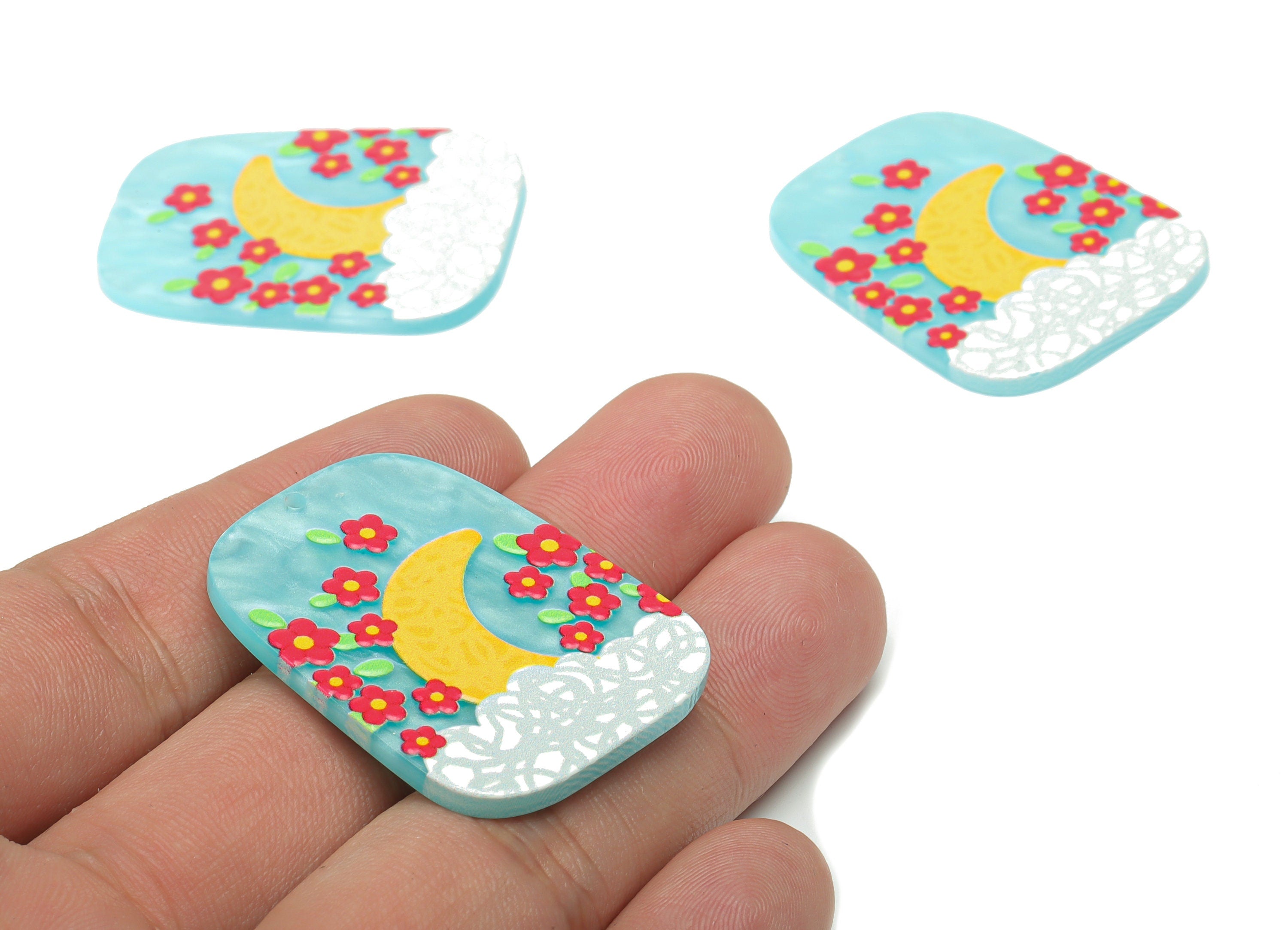 Acrylic Rectangle Crescent Cloud Earring Charms - Acrylic Flower Moon Pendant - Printing Textured - 39.53x29.48x2.41mm - AC2478C - DOMEDBAZAAR