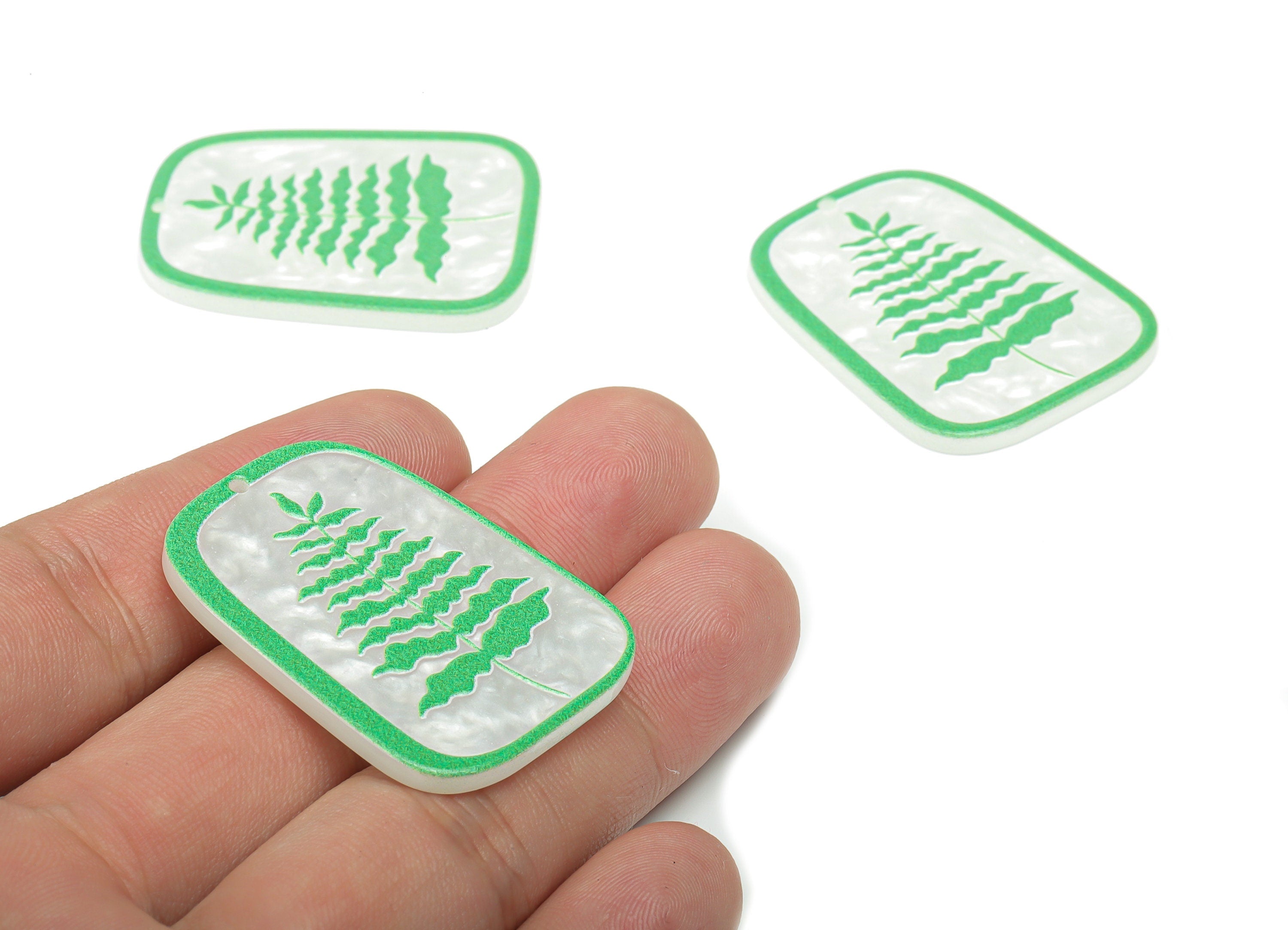 Acrylic Rectangle Pine Tree Leaf Earring Charms - Ivory Acrylic Leaves Rectangle Pendant - Printing Textured - 40x30x2mm - AC2478A - DOMEDBAZAAR