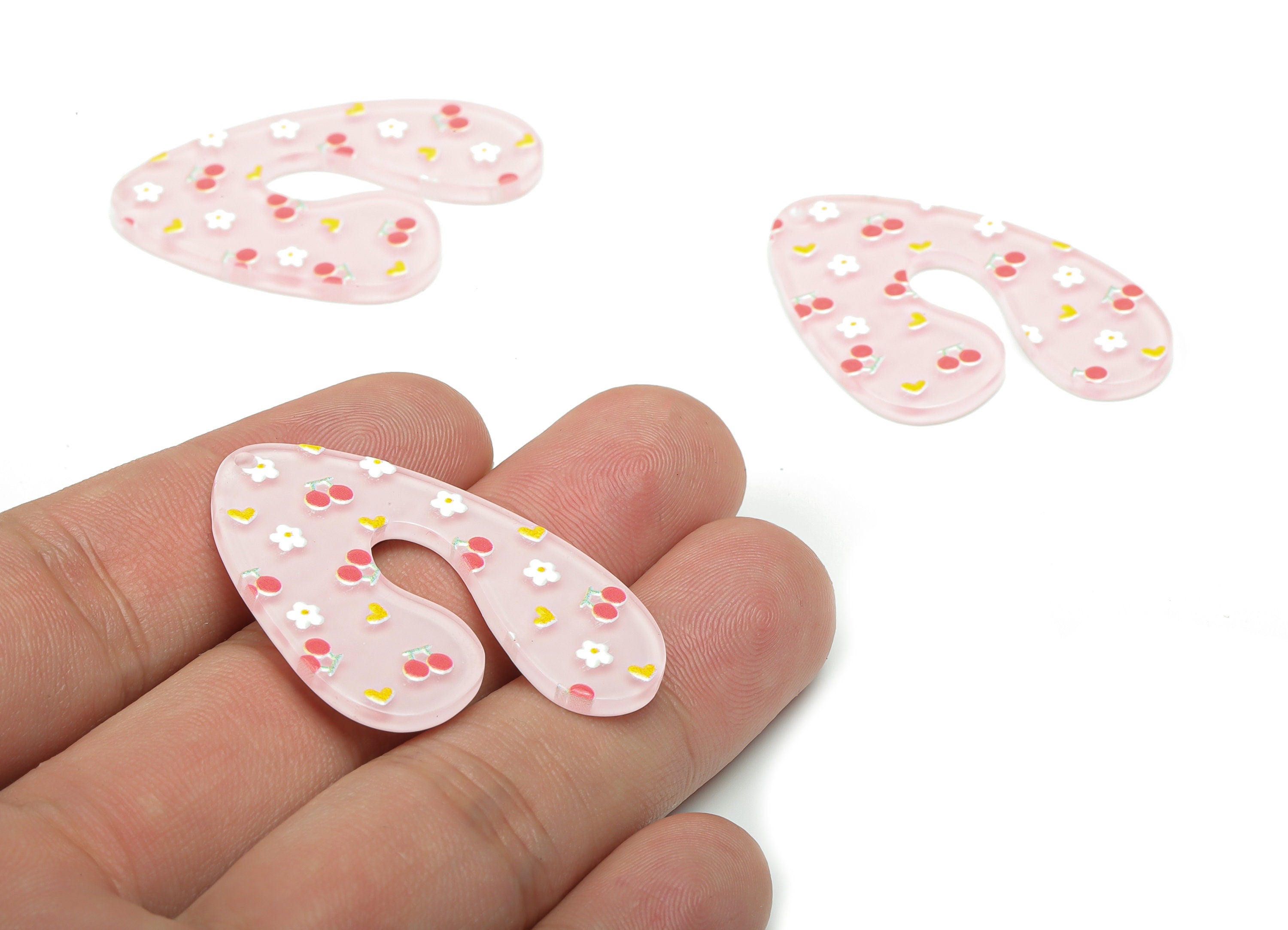 Acrylic U Flower Heart Earring Charms - Acrylic Cherry U Pendant - Printing Textured - Jewelry Making Supplies - 40.49x30x2.42mm - AC2469C - DOMEDBAZAAR