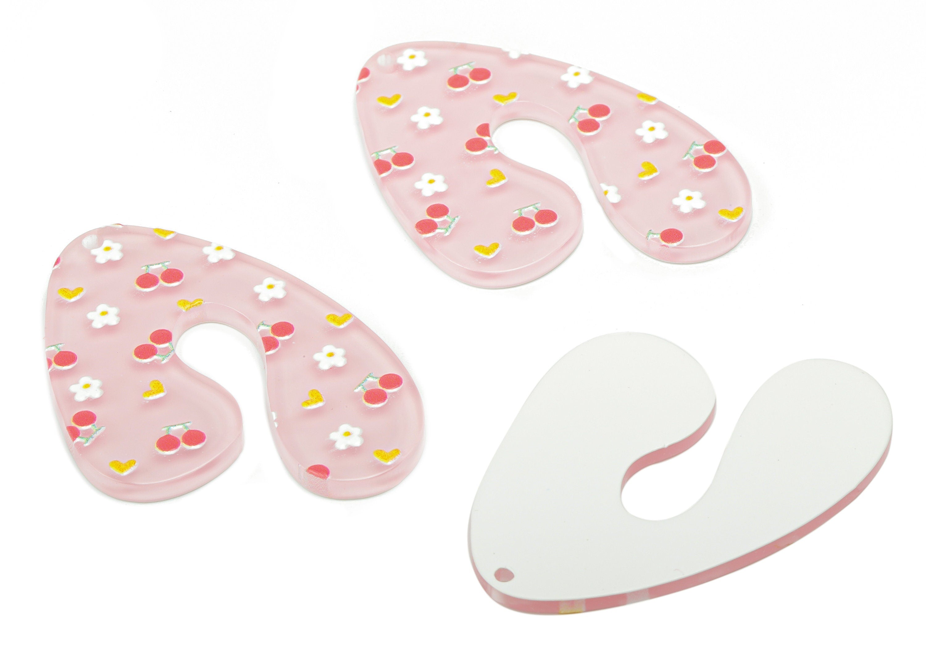 Acrylic U Flower Heart Earring Charms - Acrylic Cherry U Pendant - Printing Textured - Jewelry Making Supplies - 40.49x30x2.42mm - AC2469C - DOMEDBAZAAR