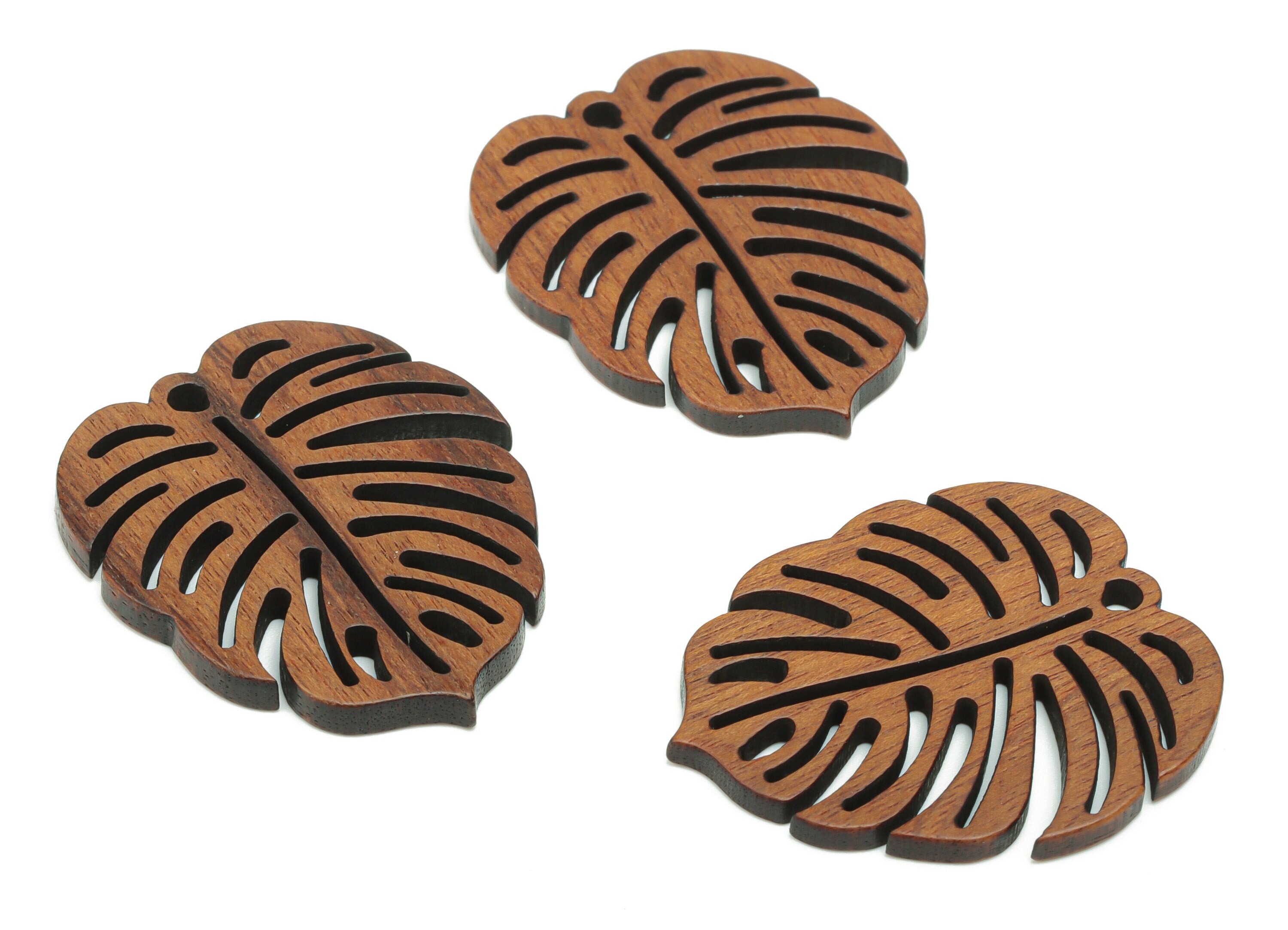 Walnut Wood Monstera Earring Charms - Walnut Wood Leaf Pendant - DIY Jewelry Making Supplies - 31.96x26.89x2.28mm - BB1228 - DOMEDBAZAAR