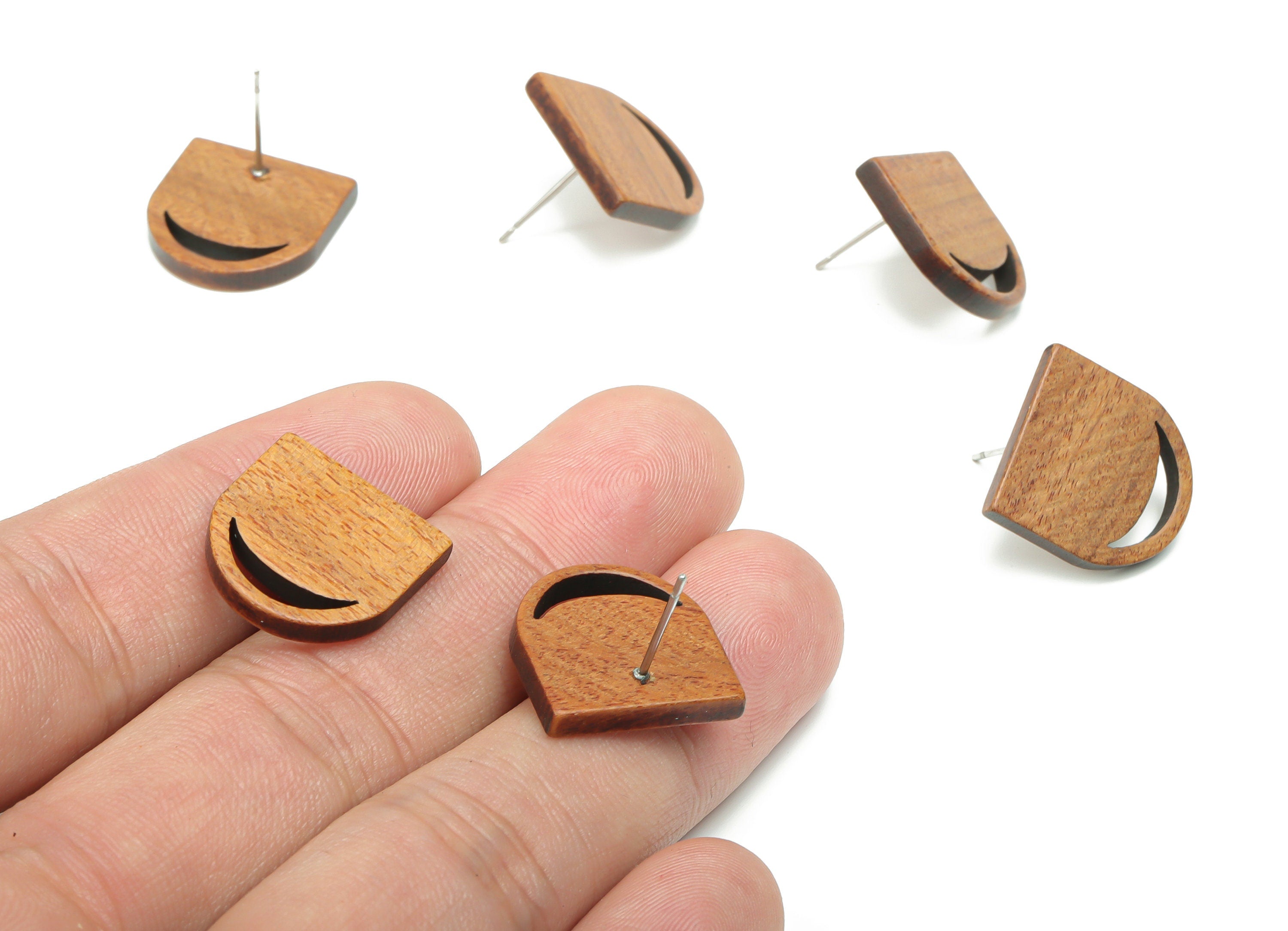 Walnut Wood Crescent Domed Earring Stud - Walnut Wood Moon D Semicircle Post - 316 Surgical Stainless Steel - 16.88x16.6x2.5mm - BB1236 - DOMEDBAZAAR