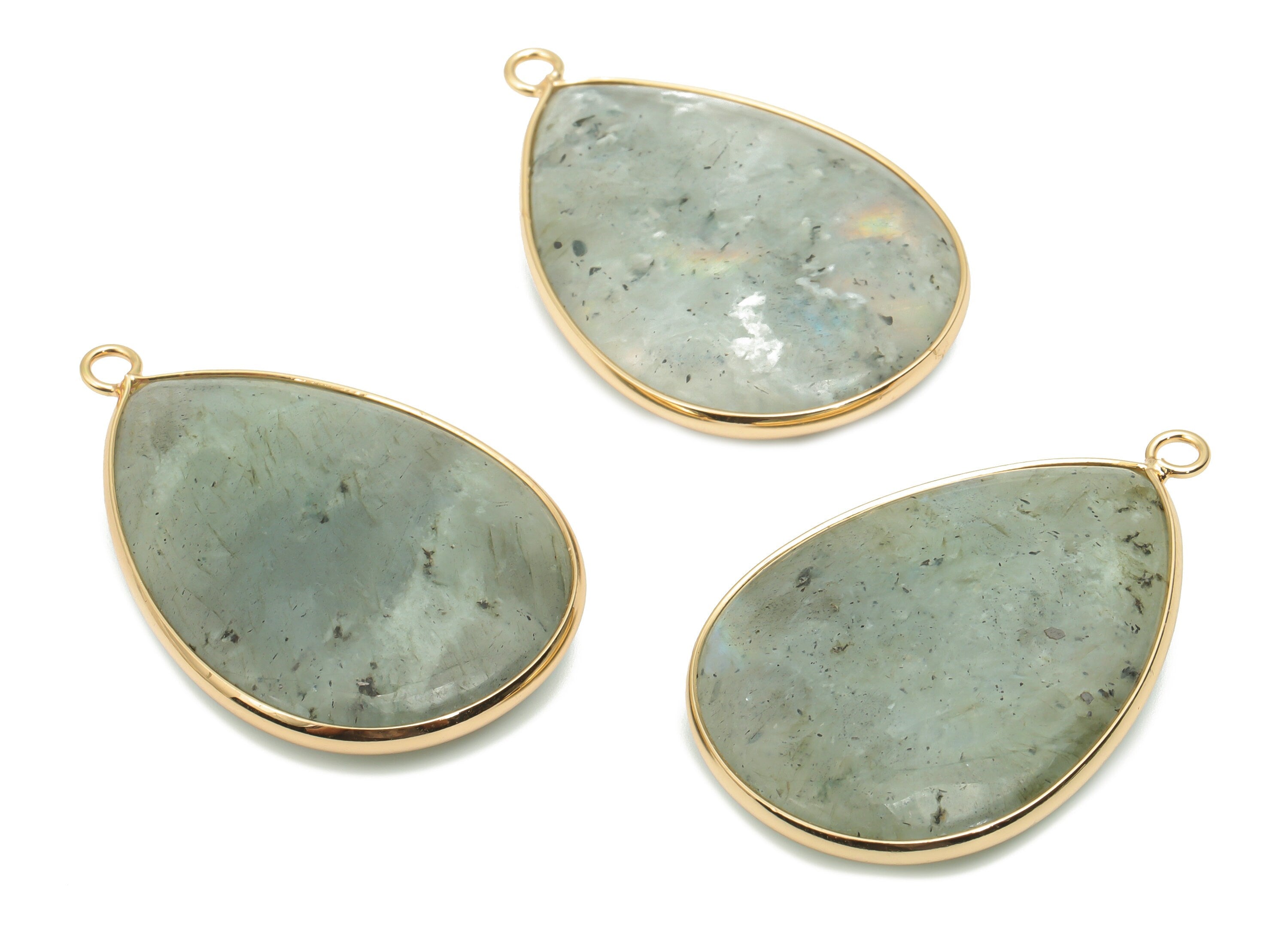Labradorite Drop Earring Charms - Brass Teardrop Pendant - Natural Stone - Gold Tone Plated Brass – 40.73x26.23x7.56mm – NS1773B - DOMEDBAZAAR