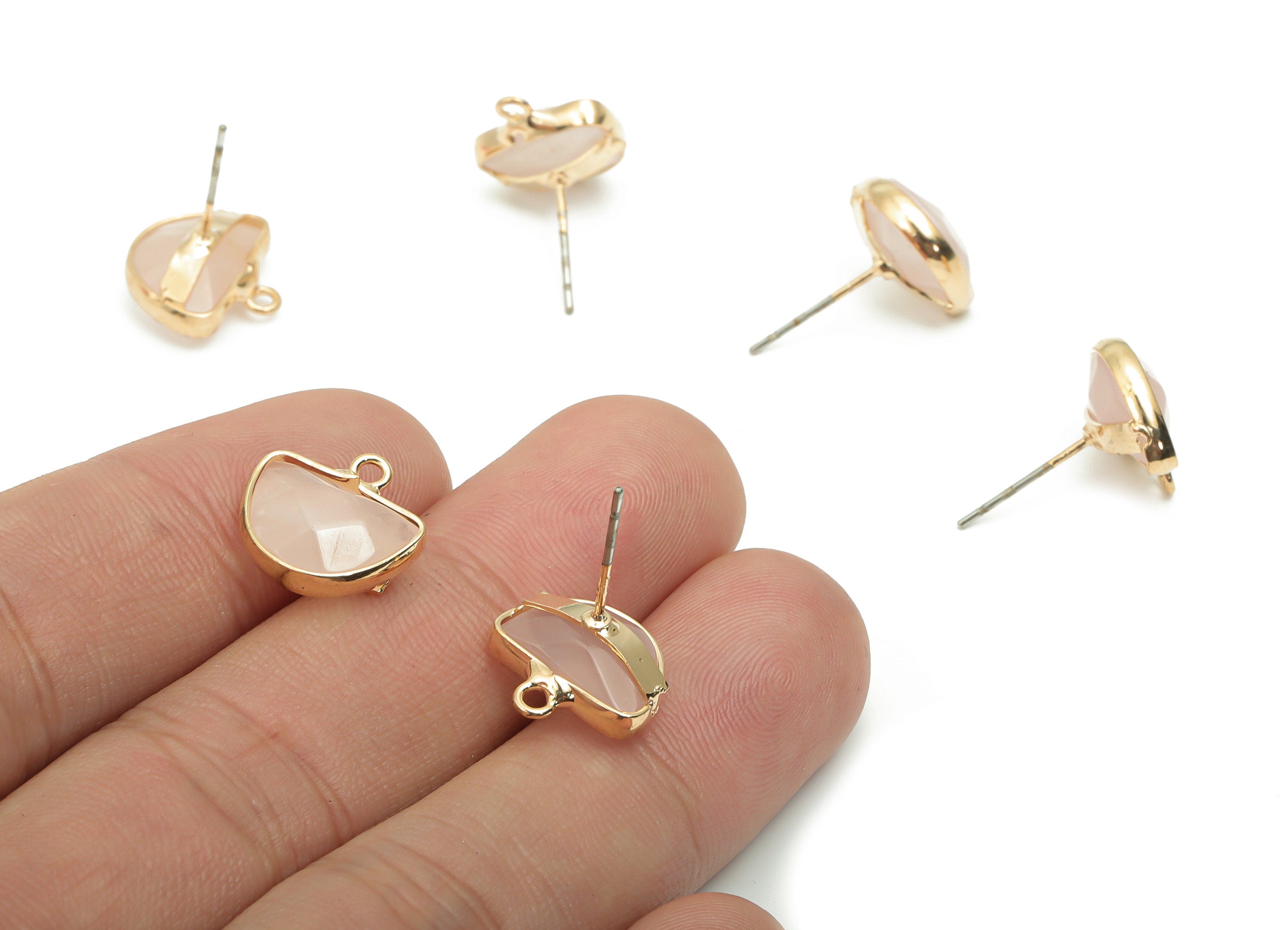 Rose Quartz Crystal Semicircle Stud with Loop - Brass Domed Post - Gold Tone Plated Brass – 316 Stainless Steel Stud - 12.7x12x5mm– NS1600C - DOMEDBAZAAR