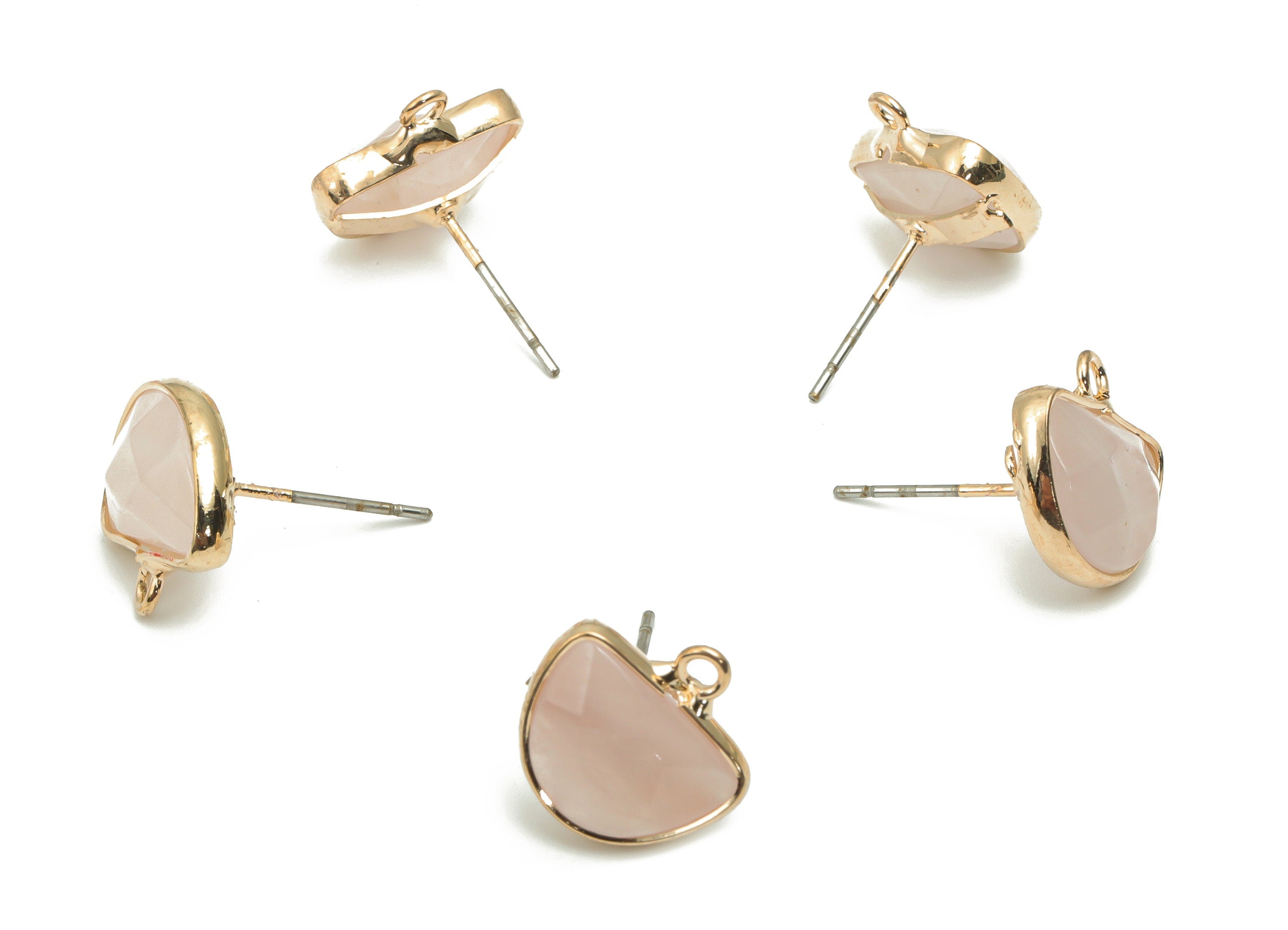 Rose Quartz Crystal Semicircle Stud with Loop - Brass Domed Post - Gold Tone Plated Brass – 316 Stainless Steel Stud - 12.7x12x5mm– NS1600C - DOMEDBAZAAR