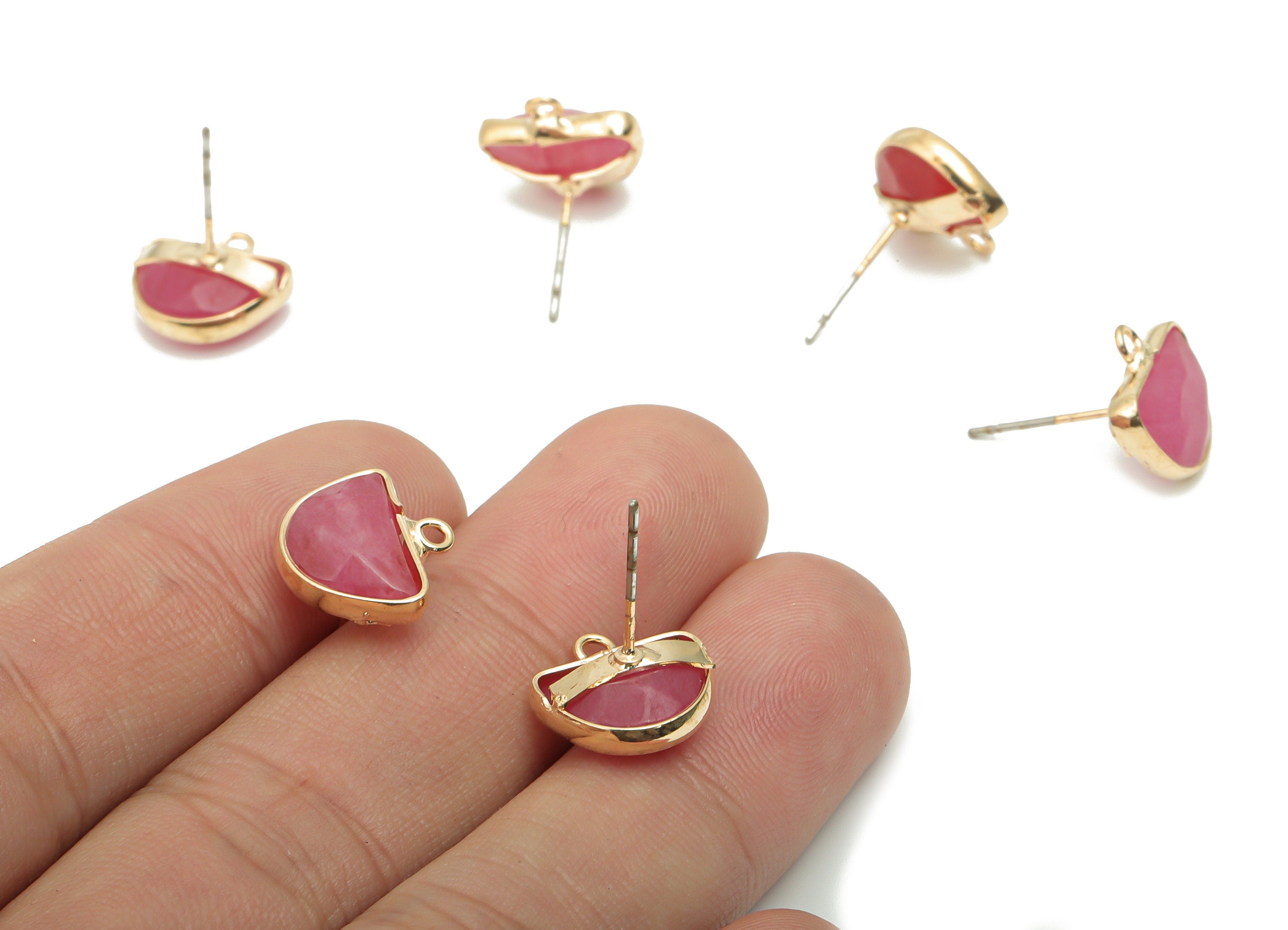 Purple Fluorite Semicircle Stud with Loop - Brass Domed Post - Gold Tone Plated Brass – 316 Stainless Steel Stud - 12.68x12.4x4.7mm– NS1600D - DOMEDBAZAAR