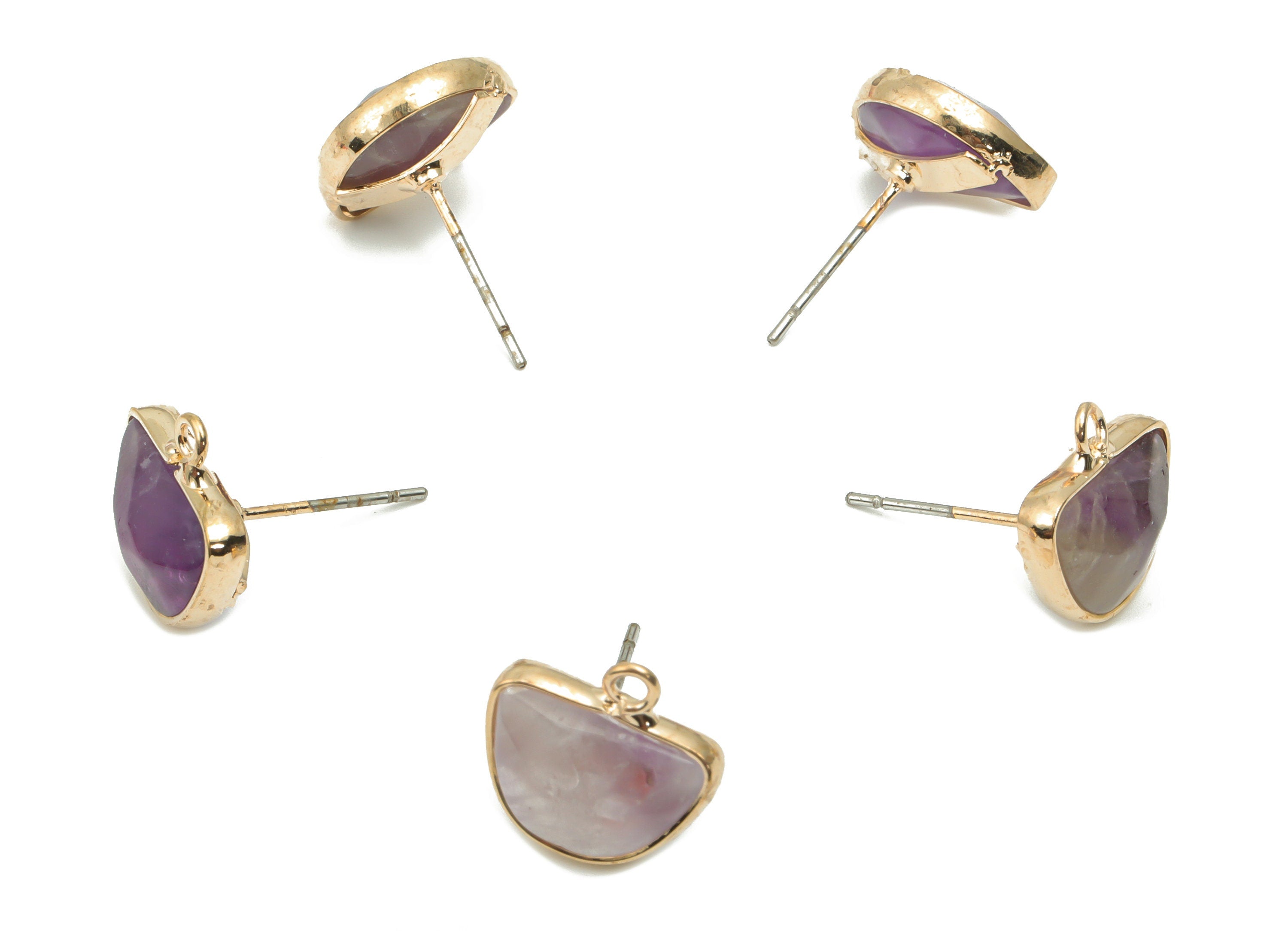 Gray Labradorite Semicircle Stud with Loop - Brass Domed Post - Gold Tone Plated Brass – 316 Stainless Steel Stud - 12.68x12x4.7mm – NS1600F - DOMEDBAZAAR