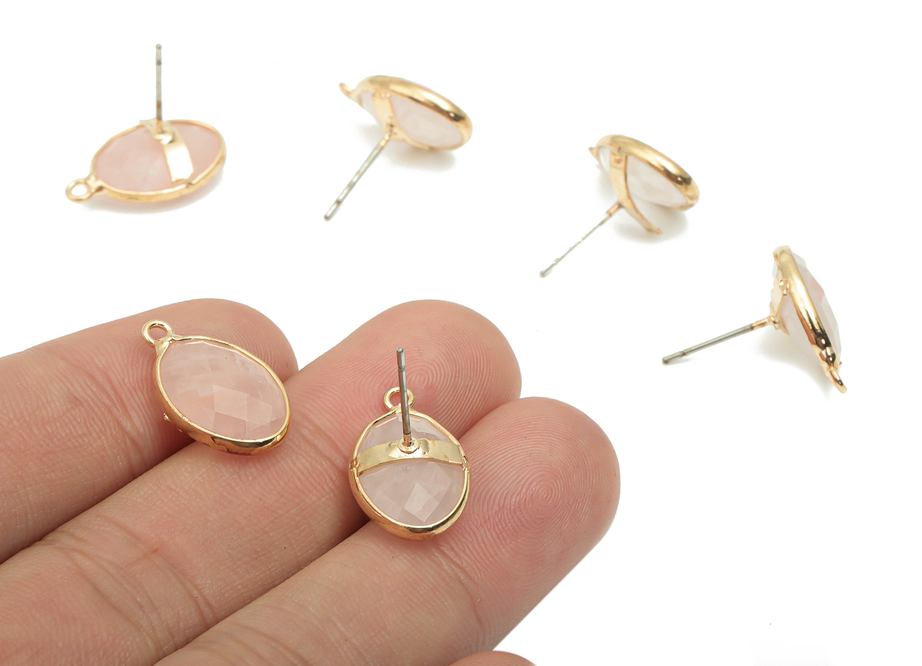 Rose Quartz Crystal Stud - Brass Faceted Oval Post - Natural Stone - Gold Tone Plated Brass – 316 Stainless Steel Stud - 19x11x5mm – NS1767A - DOMEDBAZAAR
