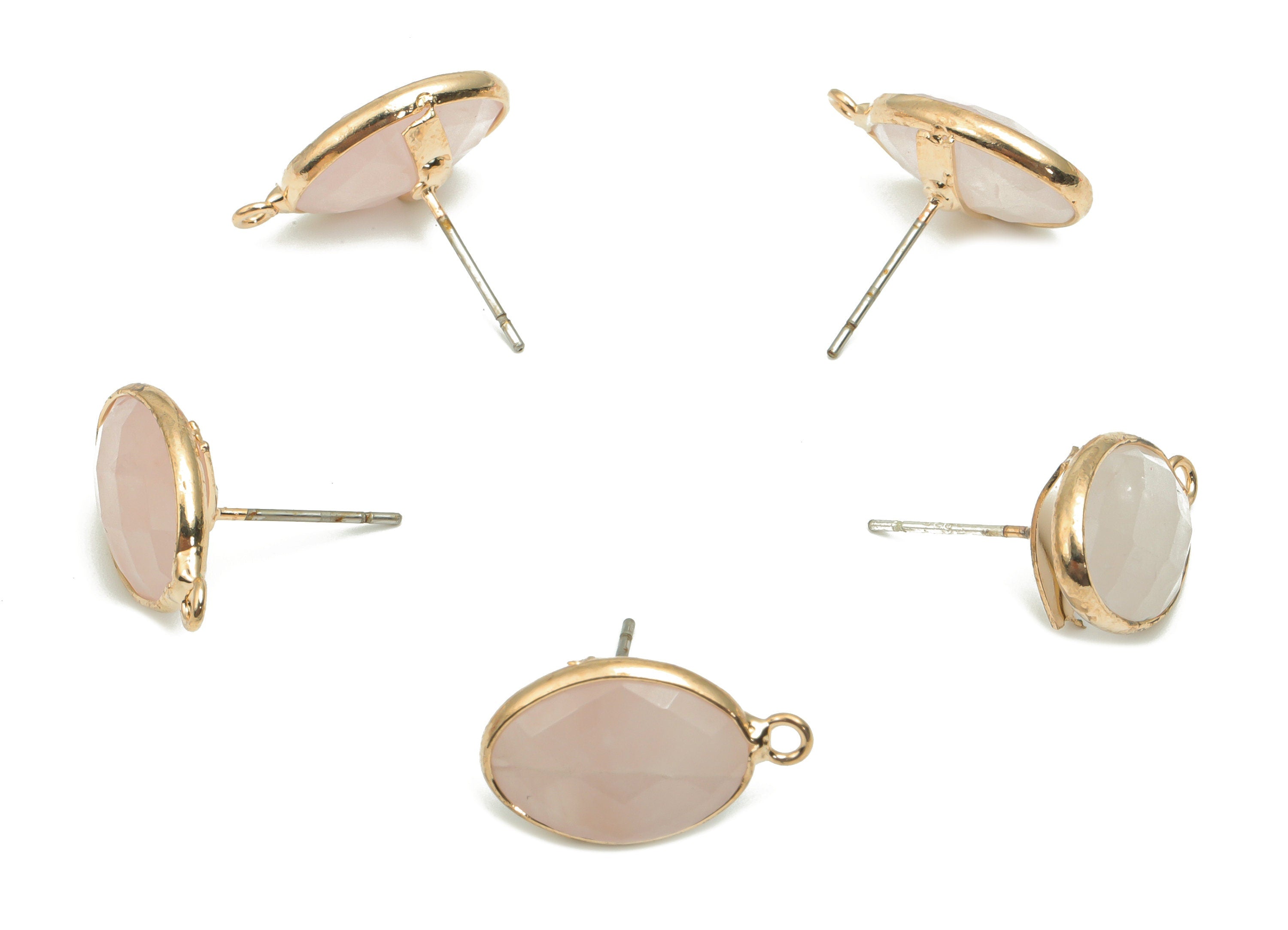 Rose Quartz Crystal Stud - Brass Faceted Oval Post - Natural Stone - Gold Tone Plated Brass – 316 Stainless Steel Stud - 19x11x5mm – NS1767A - DOMEDBAZAAR