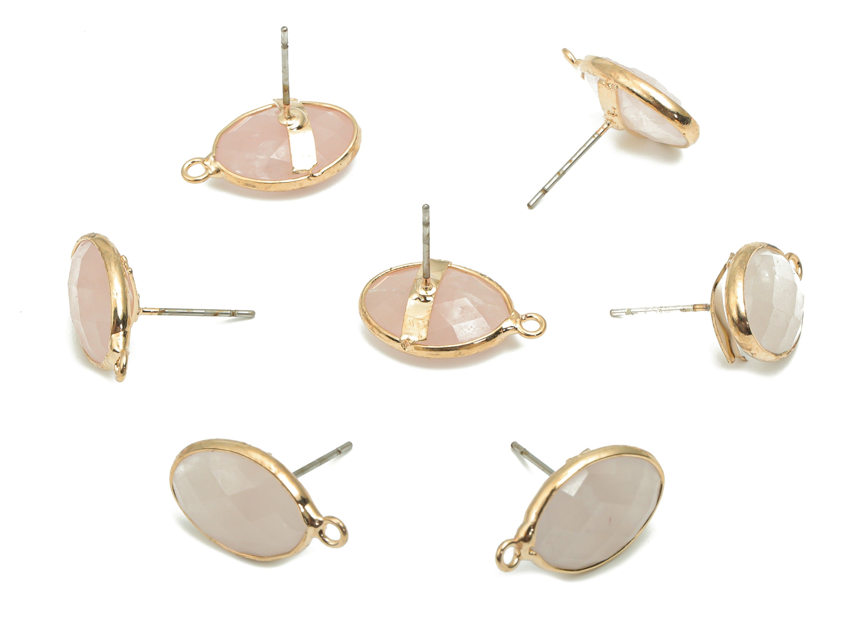 Rose Quartz Crystal Stud - Brass Faceted Oval Post - Natural Stone - Gold Tone Plated Brass – 316 Stainless Steel Stud - 19x11x5mm – NS1767A - DOMEDBAZAAR