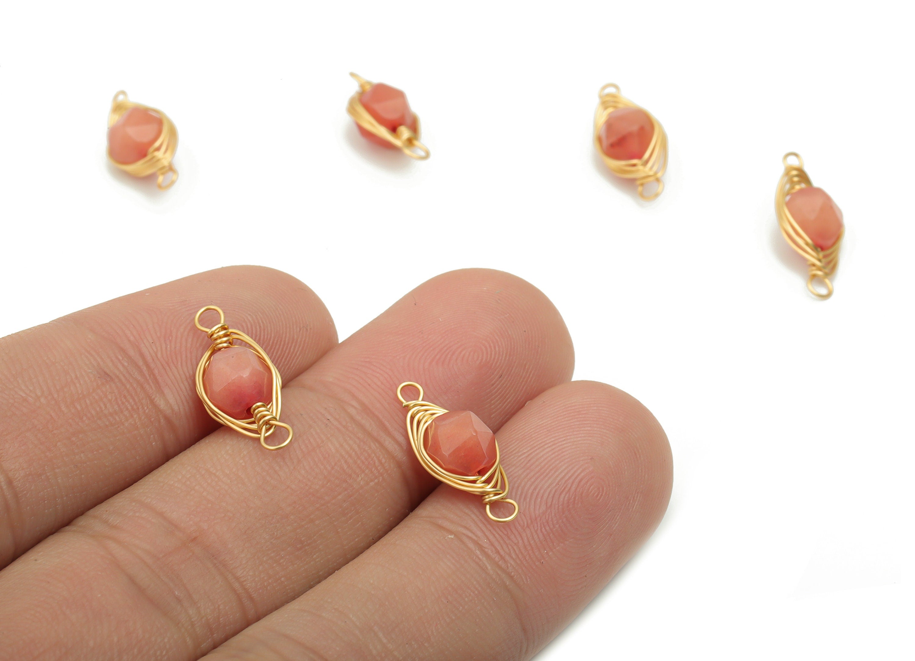 Pink Jade Gemstone Pink Faceted Connectors - Brass Wire Wrapped Stone Bracelet - Natural Stone - Gold Tone Plated Brass – 16x7x6mm – NS1765 - DOMEDBAZAAR