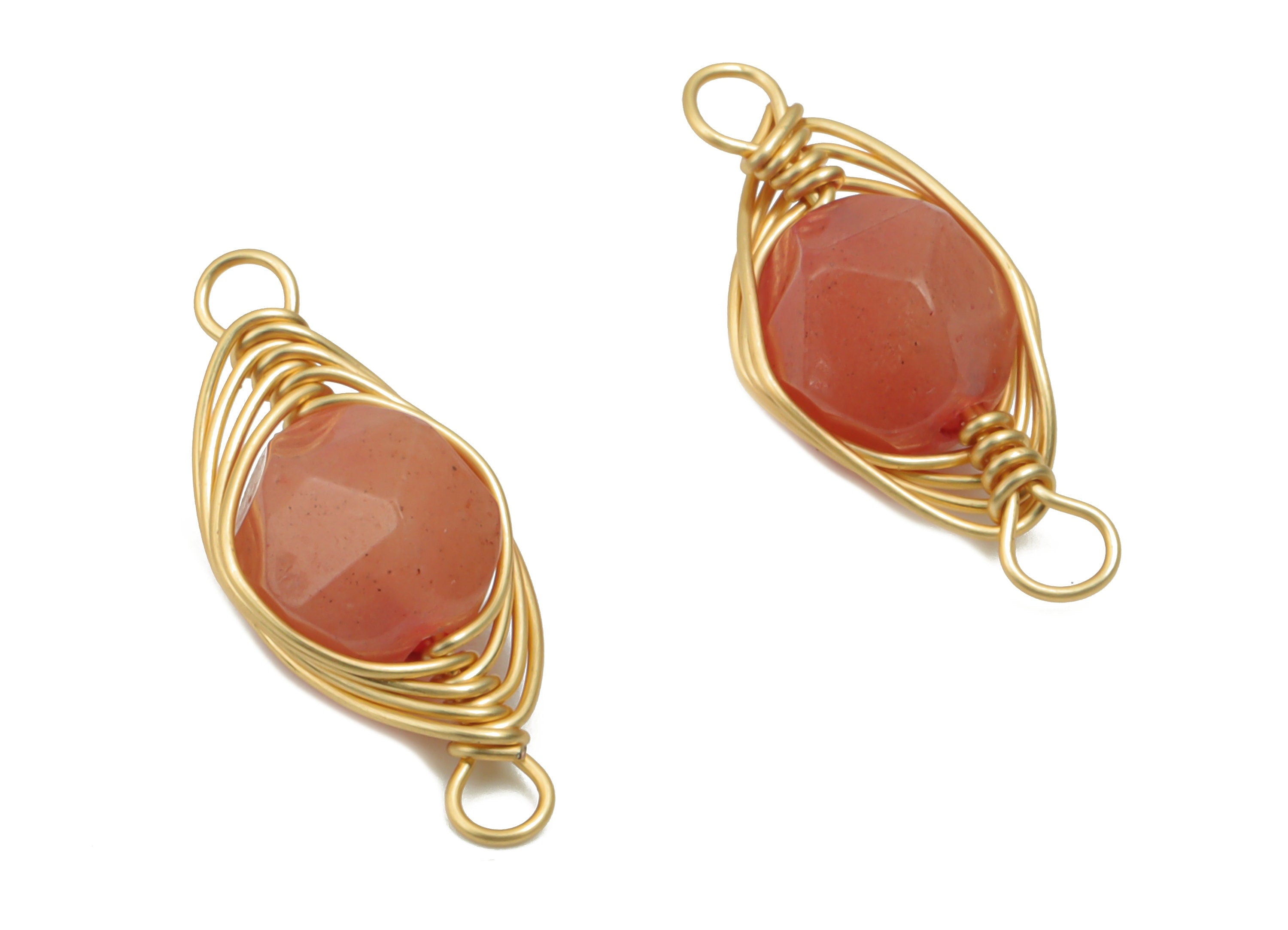 Pink Jade Gemstone Pink Faceted Connectors - Brass Wire Wrapped Stone Bracelet - Natural Stone - Gold Tone Plated Brass – 16x7x6mm – NS1765 - DOMEDBAZAAR