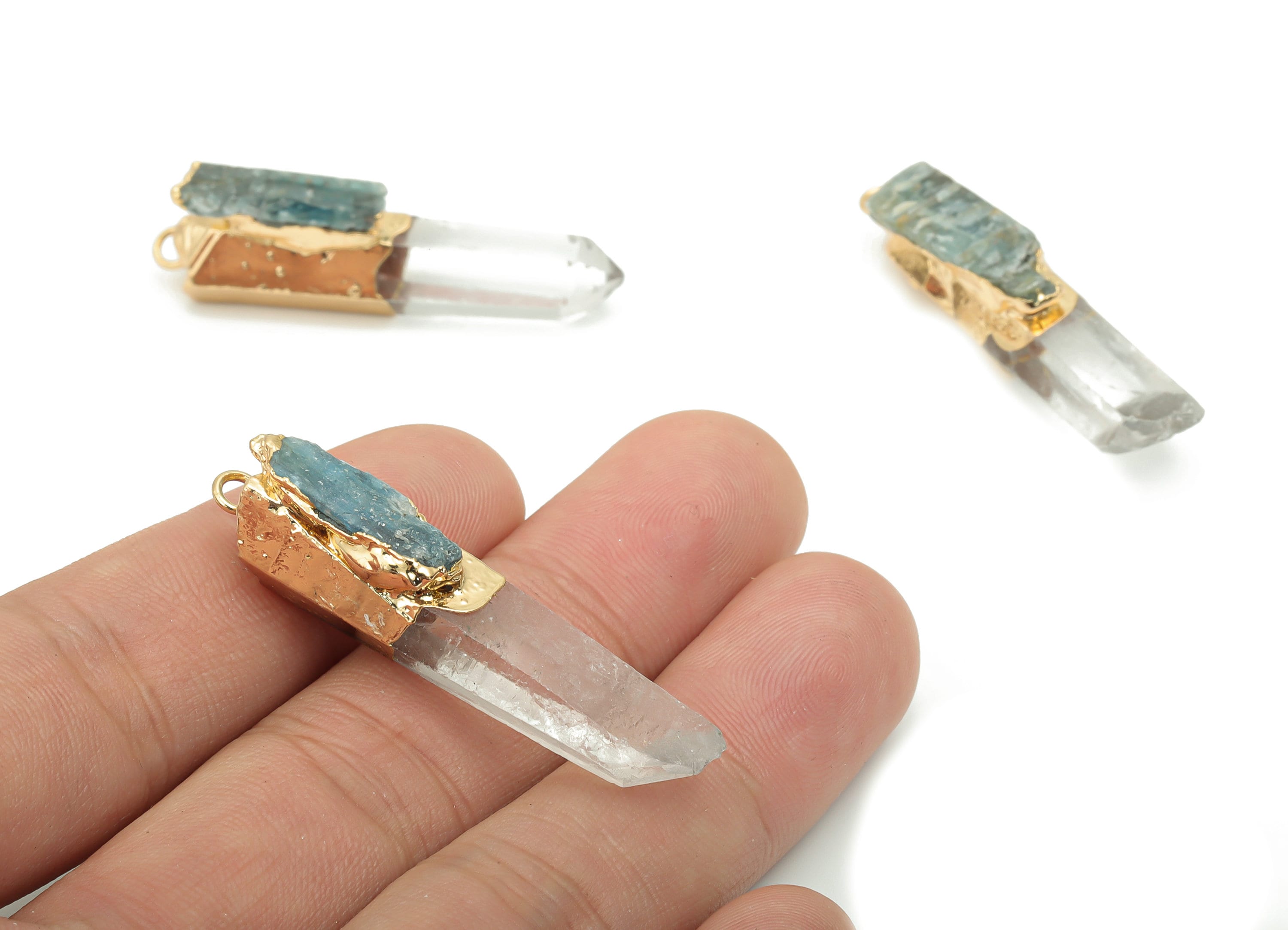 Clear Quartz Kyanite Bar - White Crystal Iron Stick Stone Charms - Natural Stone - Gold Tone Plated Iron – 44.76x9.4x11.98mm – NS1770B - DOMEDBAZAAR