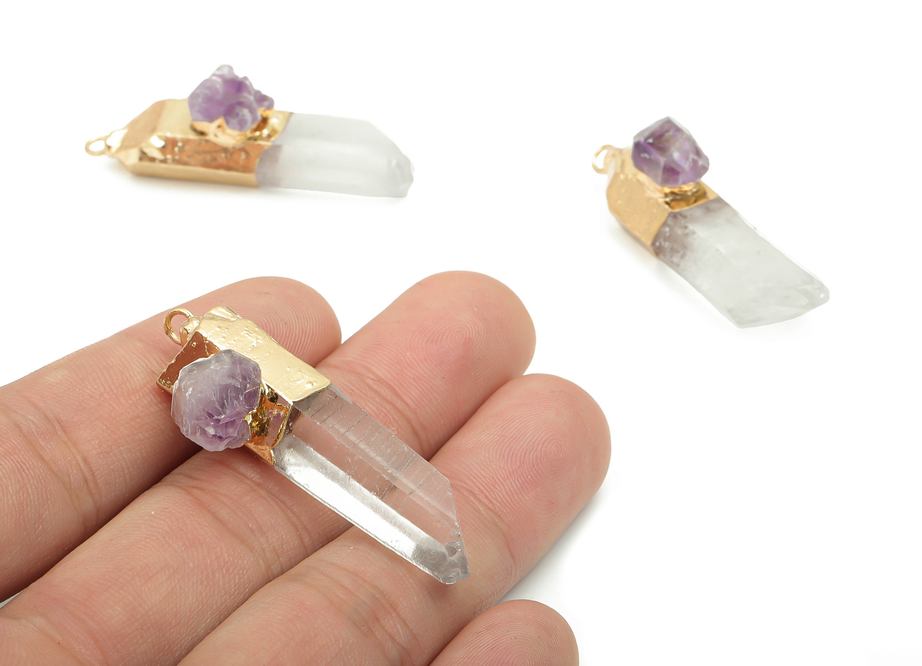 Clear Quartz Amethyst Bar - White Crystal Iron Stick Stone Earring Charms - Natural Stone - Gold Tone Plated Iron – 44.6x10x14mm – NS1770C - DOMEDBAZAAR
