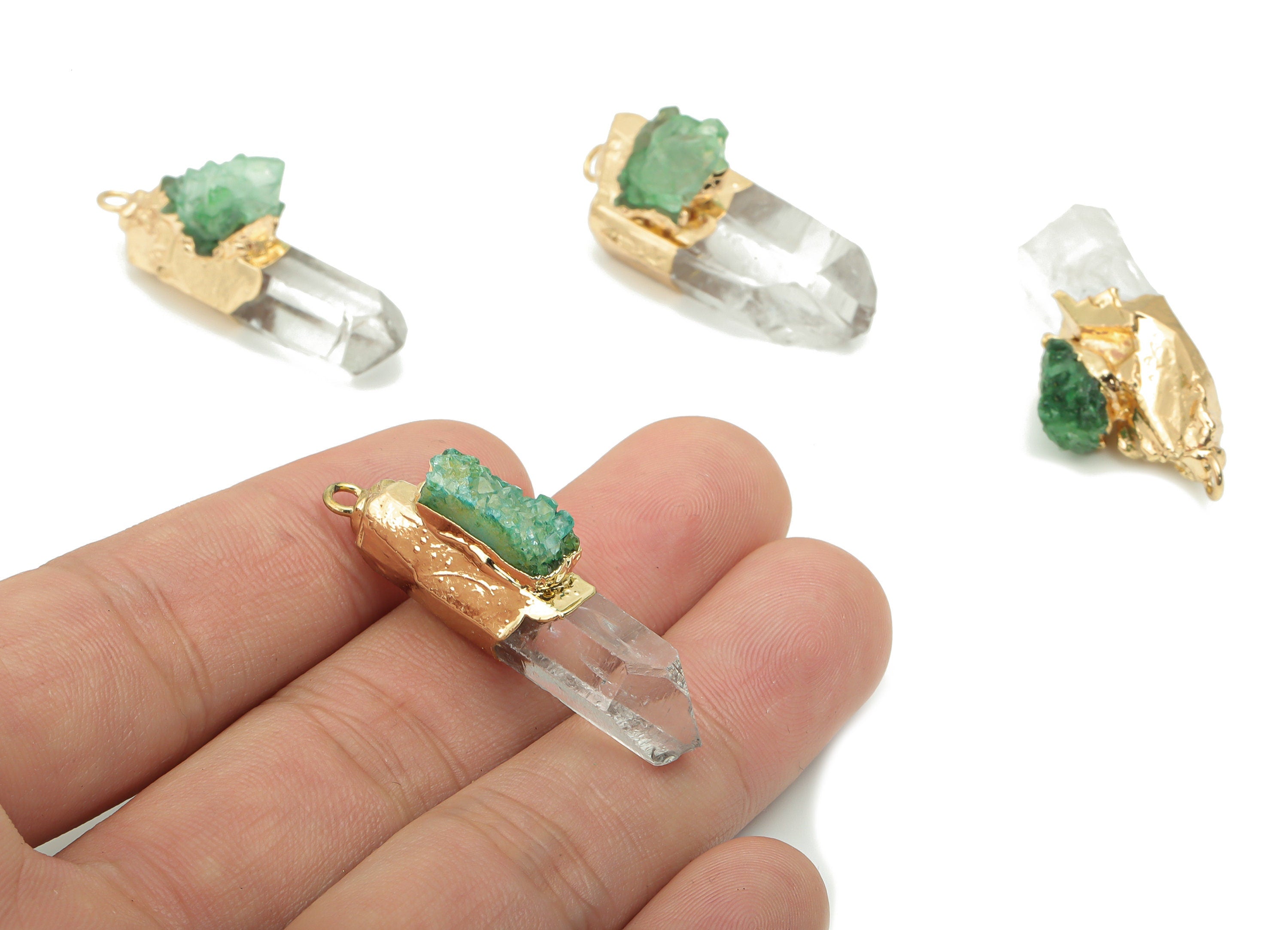 Clear Quartz Green Quartz Bar - White Crystal Iron Stick Stone Charms - Natural Stone - Gold Tone Plated Iron – 40.2x10.1x16.2mm – NS1770D - DOMEDBAZAAR