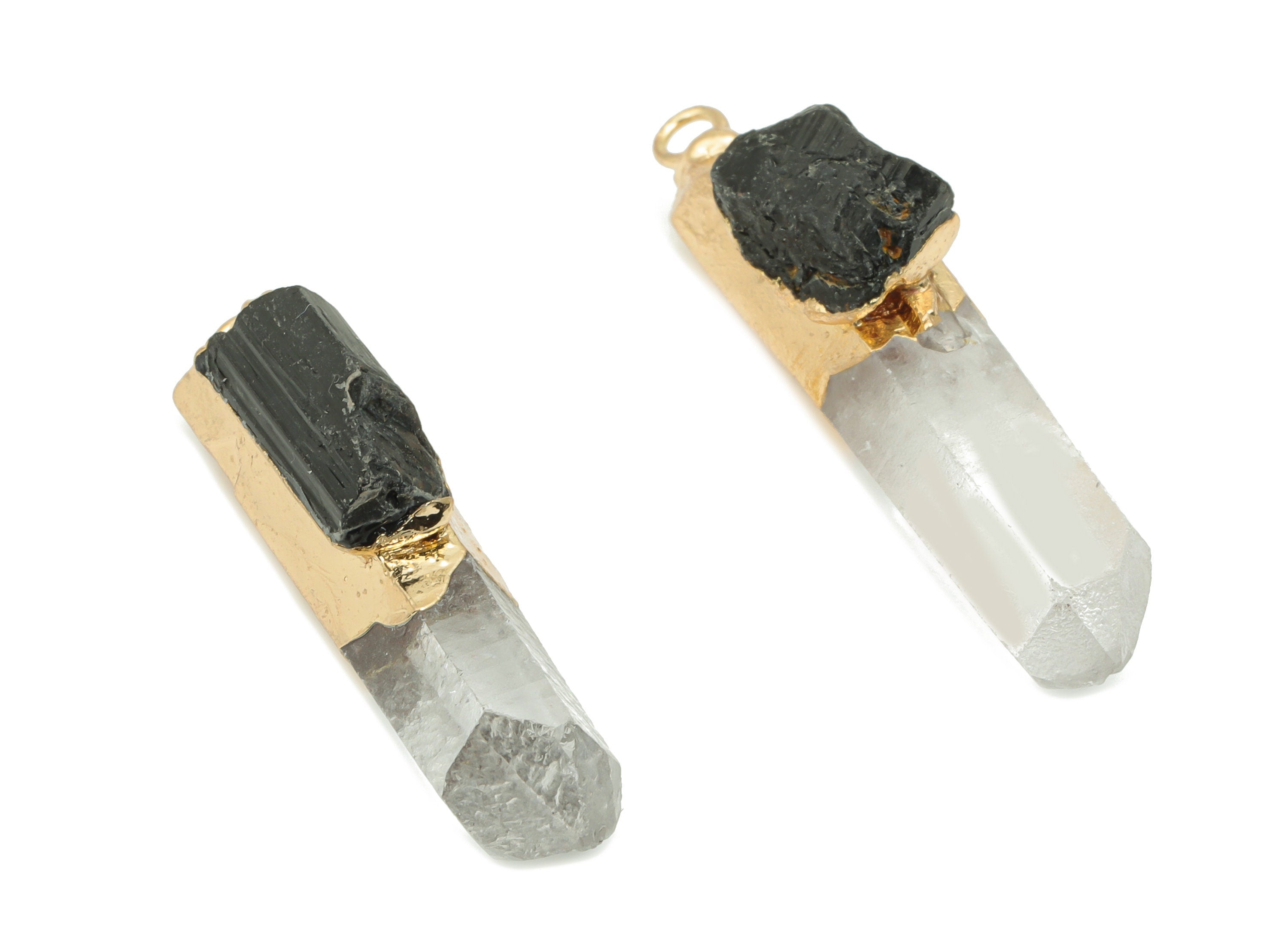 Clear Quartz Black Jasper Bar - White Crystal Iron Stick Stone Charms - Natural Stone - Gold Tone Plated Iron – 44.56x9.9x15.5mm – NS1770E - DOMEDBAZAAR