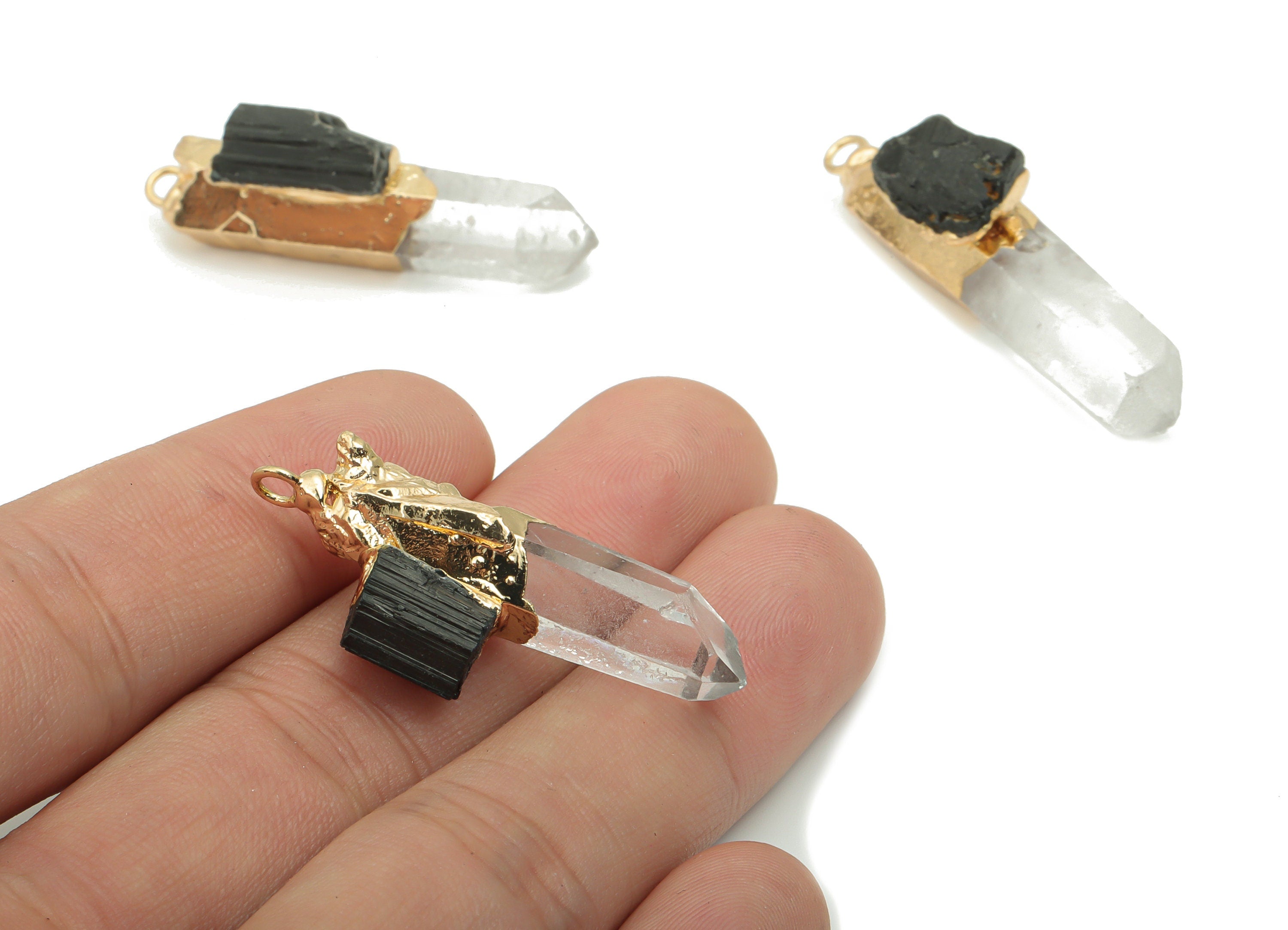 Clear Quartz Black Jasper Bar - White Crystal Iron Stick Stone Charms - Natural Stone - Gold Tone Plated Iron – 44.56x9.9x15.5mm – NS1770E - DOMEDBAZAAR