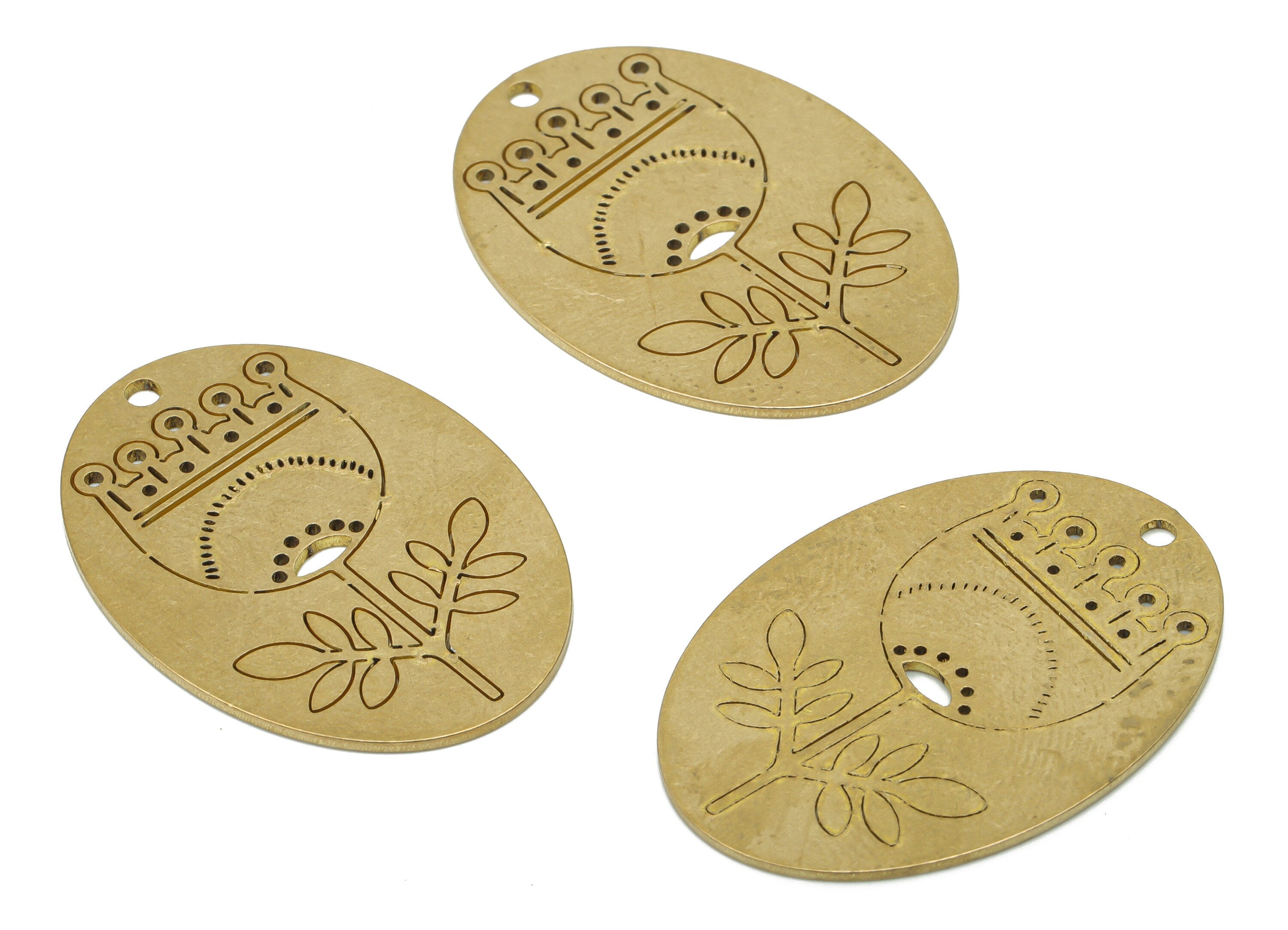 Brass Long Oval Crown Flower Earring Charms - Raw Brass Leaves Oval Pendant - Jewelry Making Supplies - 35.86x25.43x0.85mm - PPA3601 - DOMEDBAZAAR