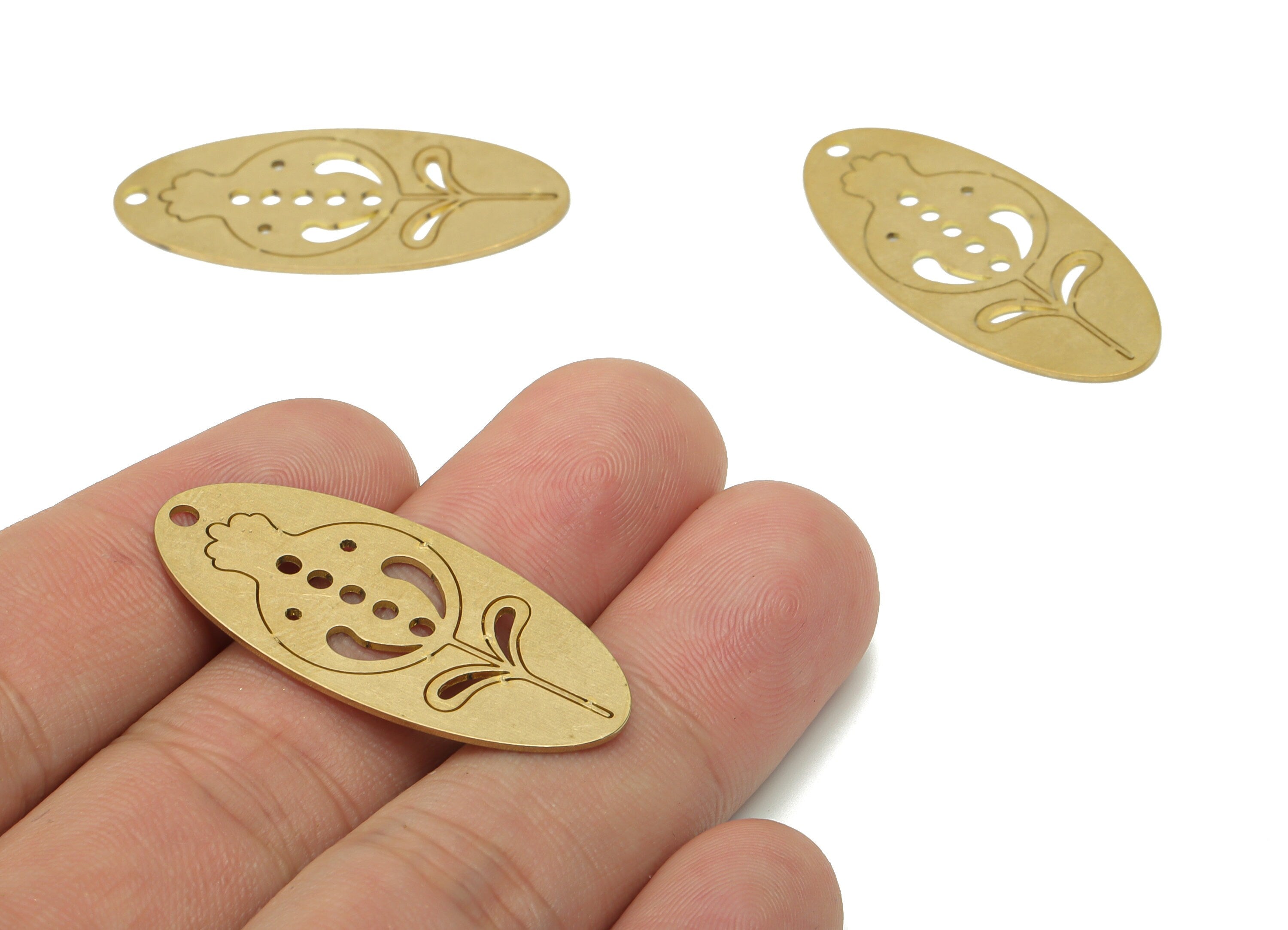 Brass Long Oval Flower Earring Charms - Raw Brass Bubble Oval Pendant - Jewelry Making Supplies - 37.77x17.53x0.64mm - PPA3603 - DOMEDBAZAAR