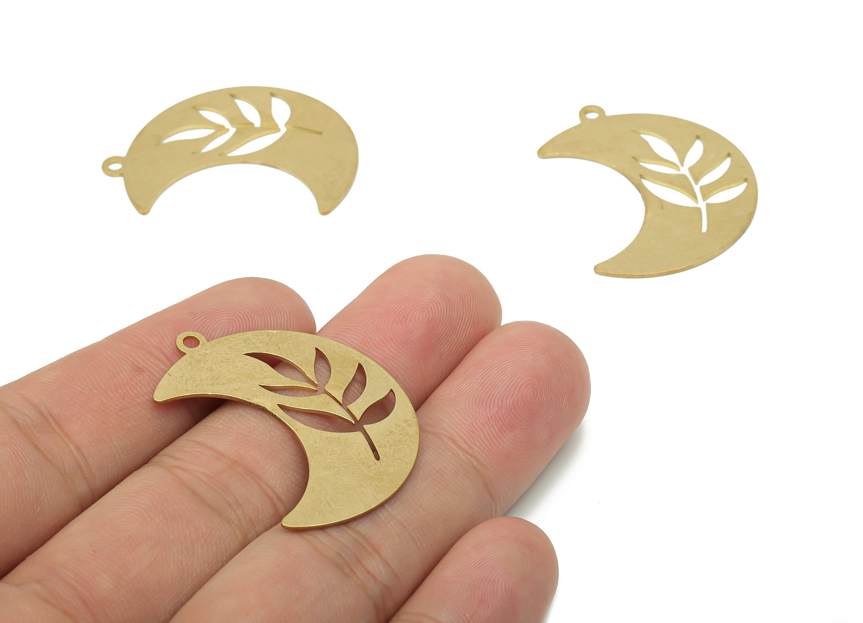 Brass Crescent Leaves Earring Charms - Raw Brass Moon Leaf Pendant - DIY Jewelry Making Supplies - 36.02x26.76x0.62mm - PPA3524 - DOMEDBAZAAR