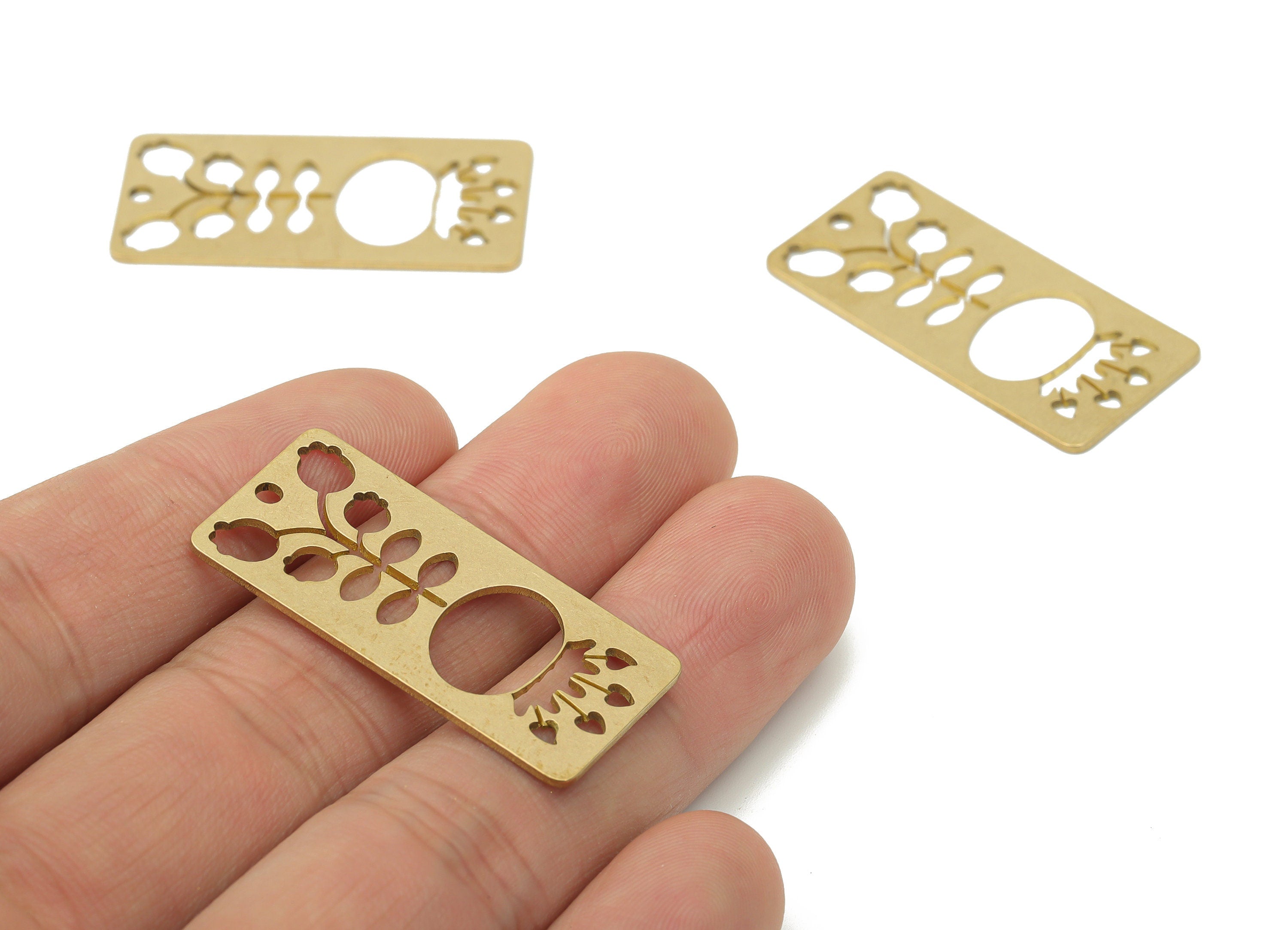 Brass Rectangle Flower Leaf Earring Charms - Raw Brass Heart Rectangle Pendant - DIY Jewelry Making Supplies - 35.78x16.8x0.83mm - PPA3423 - DOMEDBAZAAR
