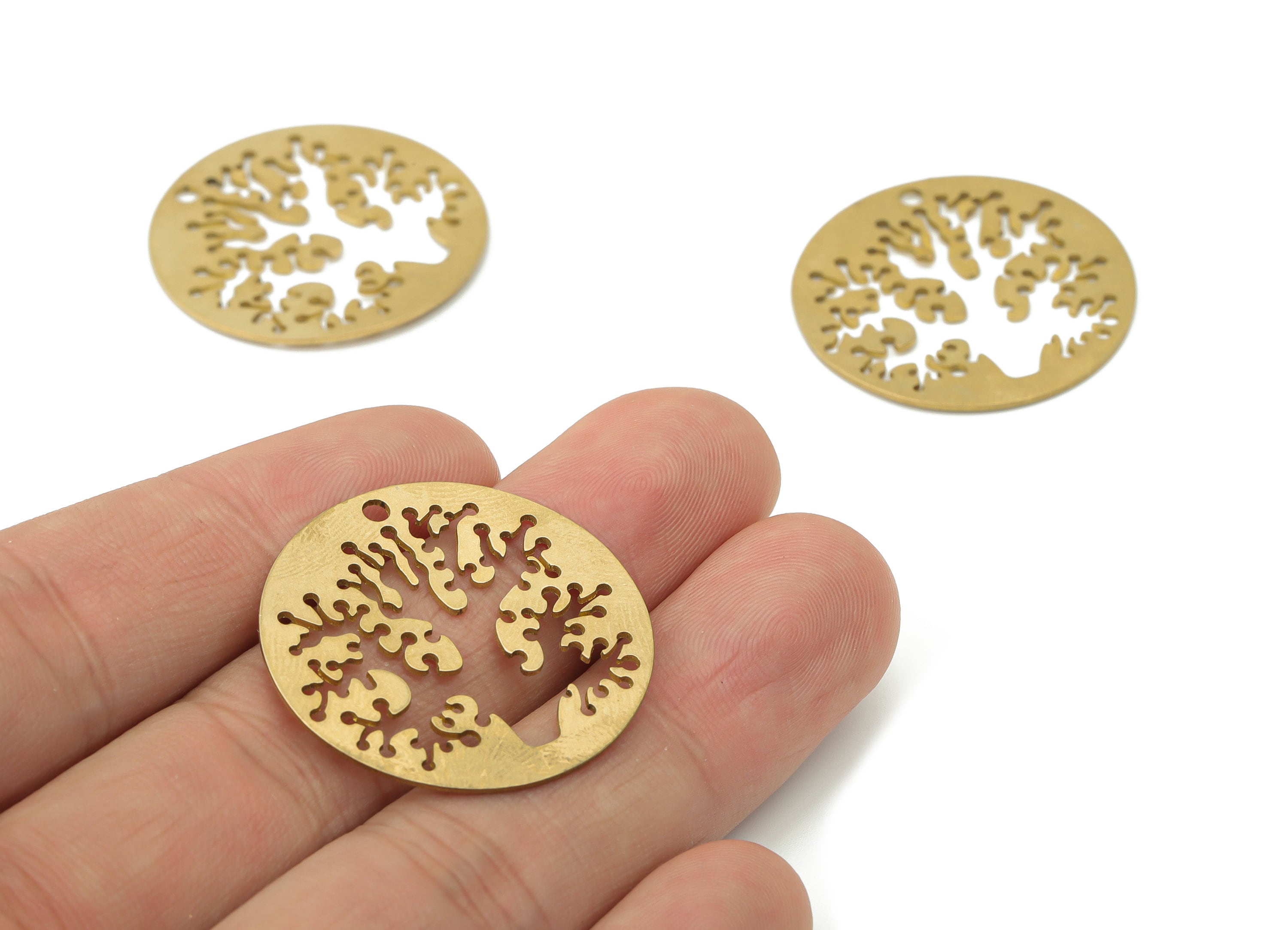 Brass Round Botanical Tree Root Earring Charms - Raw Brass Life Tree Pendant - Jewelry Making Supplies - 29.78x29.78x0.63mm - PPA3407 - DOMEDBAZAAR