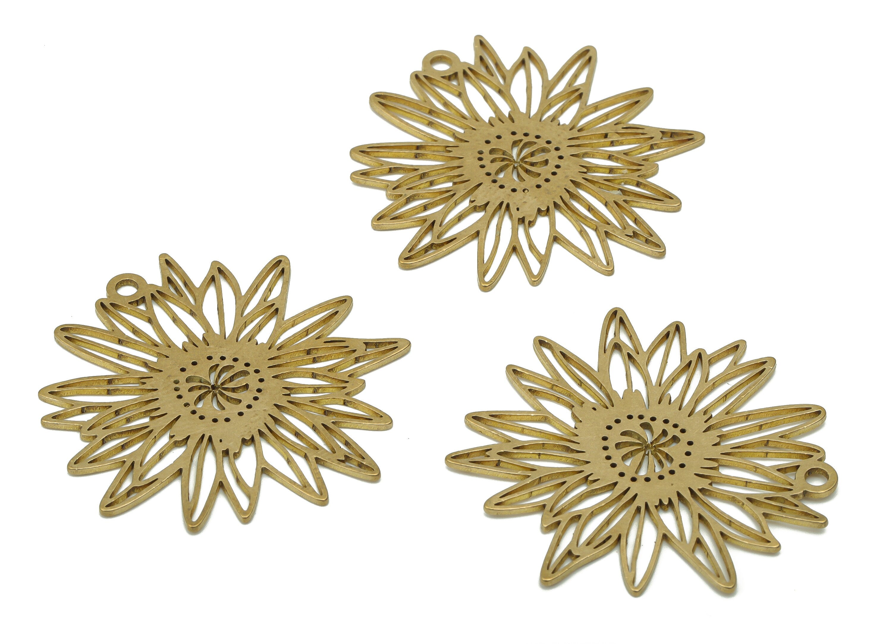 Brass Sunflower Earring Charms - Raw Brass Bubble Flower Pendant - DIY Jewelry Making Supplies - 34.66x34.16x0.75mm - PPA3426 - DOMEDBAZAAR