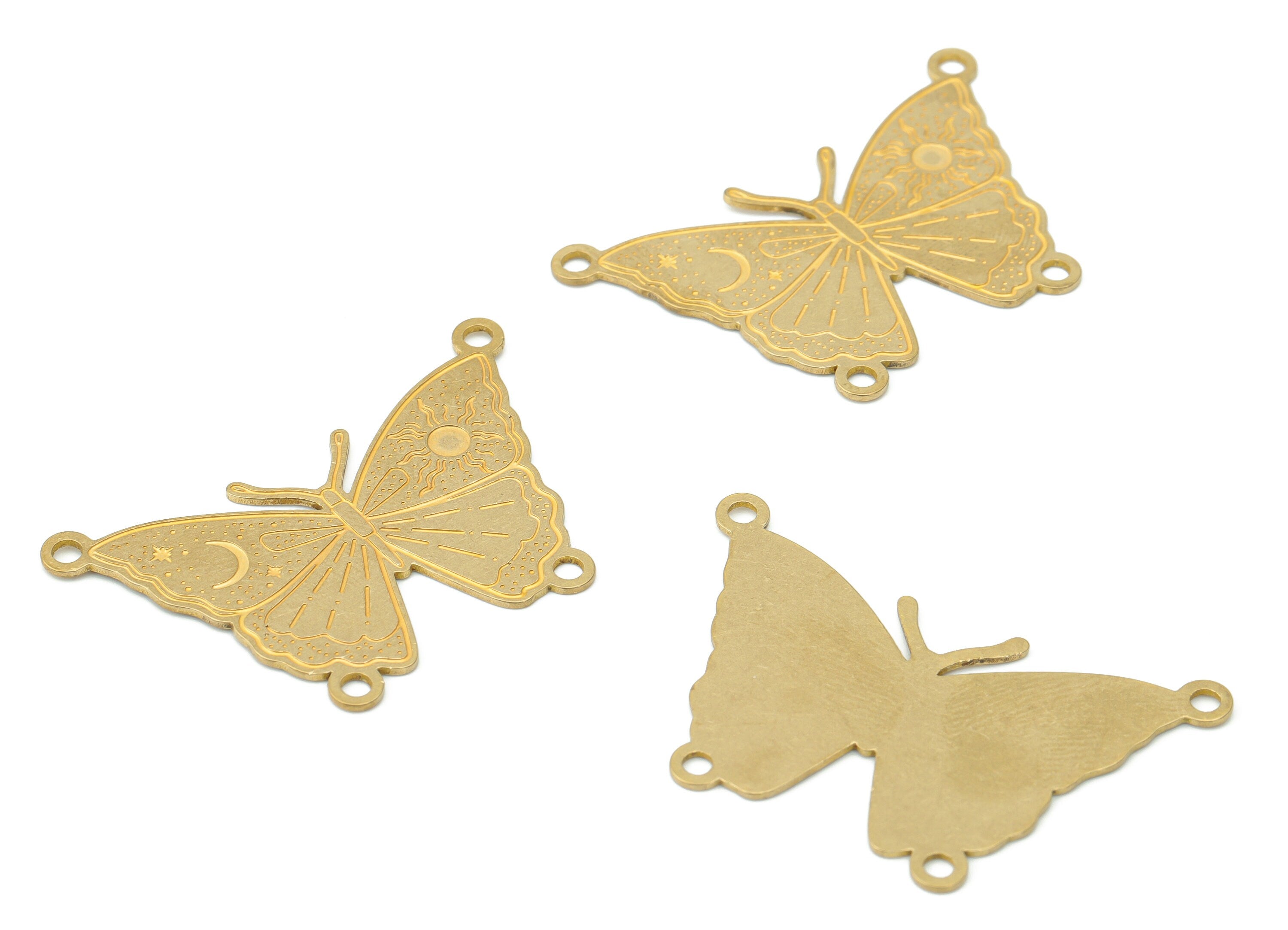 Brass Engraved Butterfly Plant Crescent Earring Connectors - Raw Brass Butterfly Sun Moon Star Charms - 39.27x26.4x0.6mm - PPZ0020 - DOMEDBAZAAR