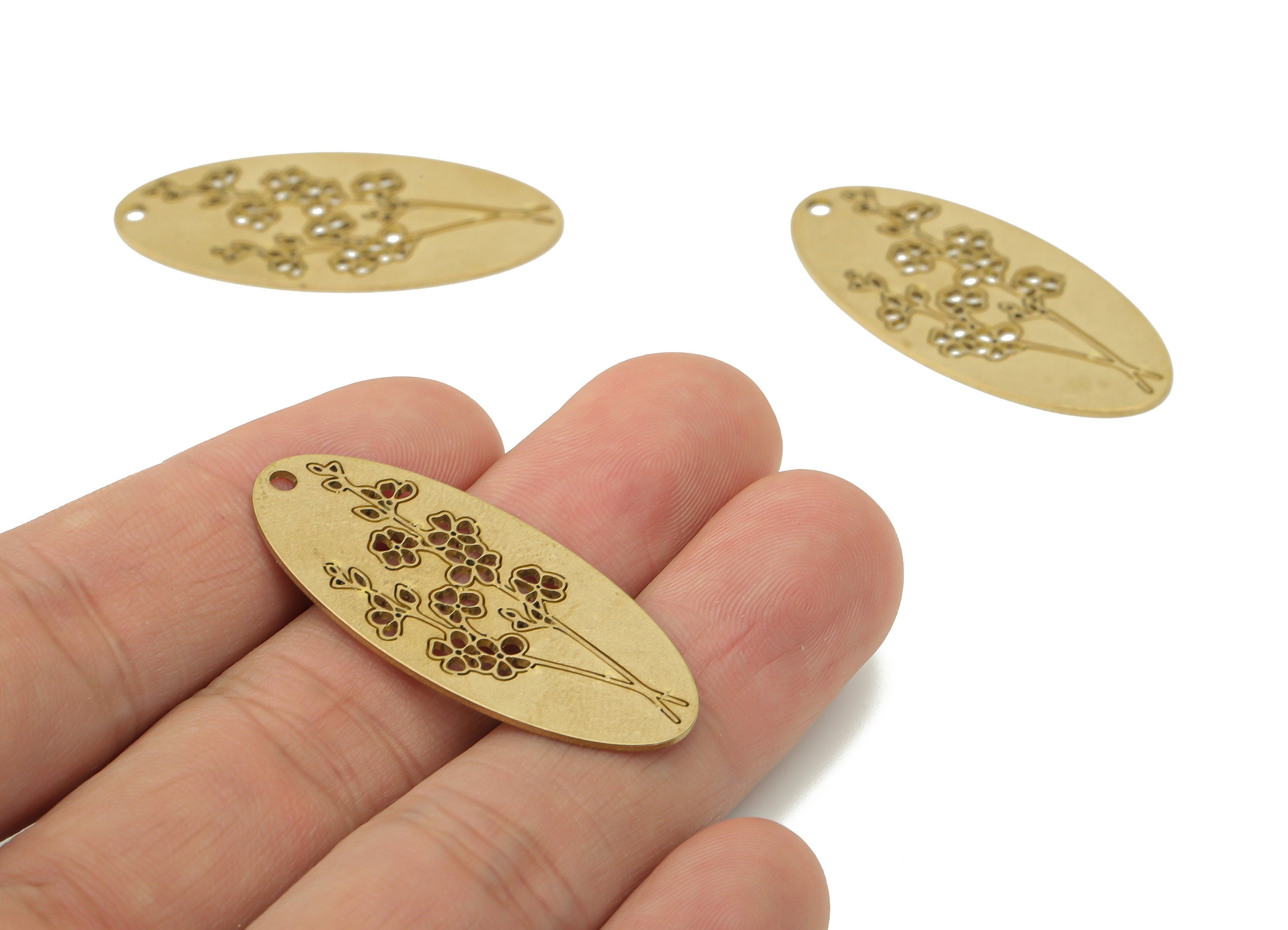 Brass Long Oval Flowers Earring Charms - Raw Brass Flower Oval Pendant - Jewelry Making Supplies - 39.71x18.14x0.74mm - PPA3697 - DOMEDBAZAAR