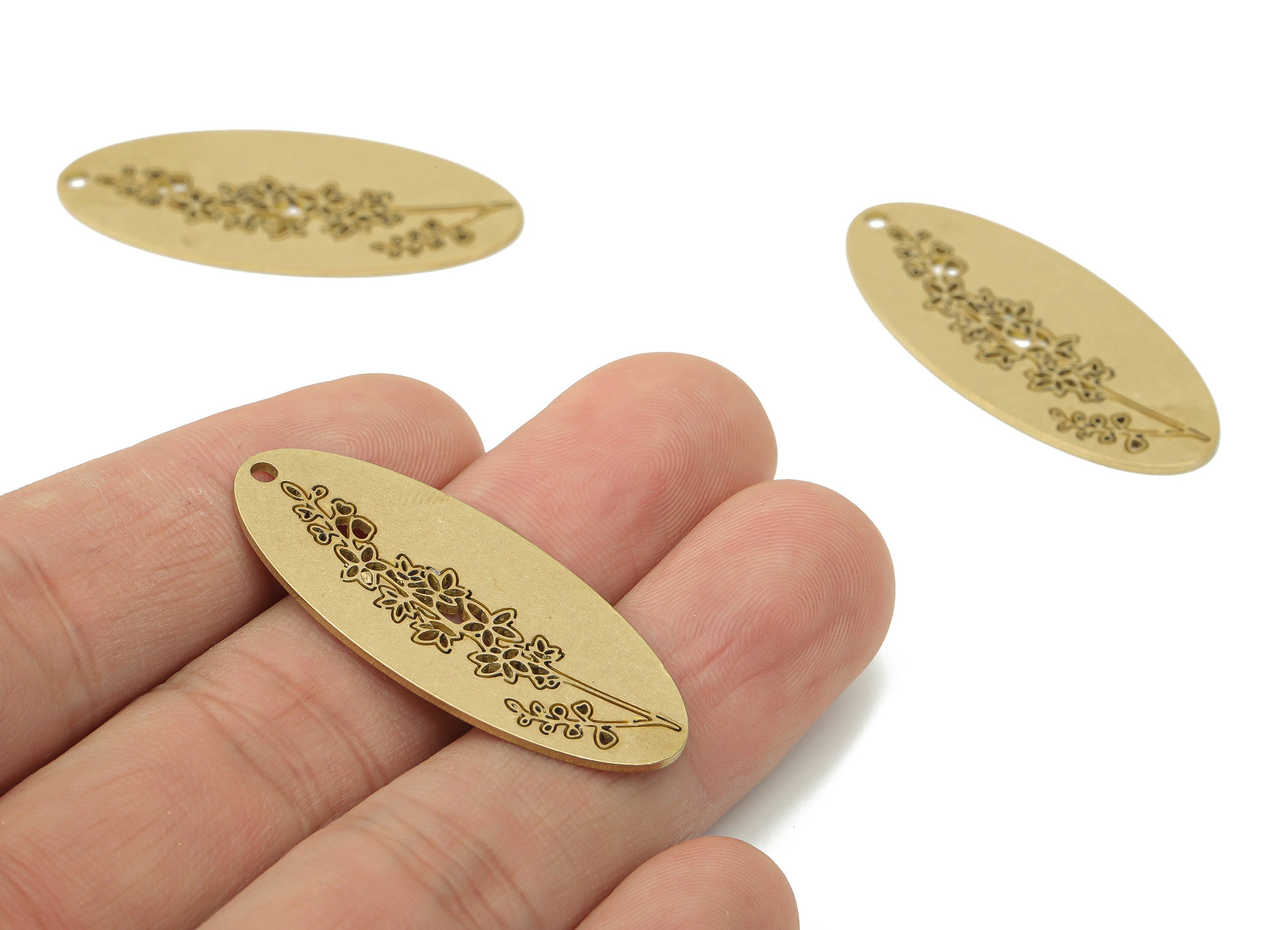 Brass Long Oval Flowers Earring Charms - Raw Brass Flower Oval Pendant - Jewelry Making Supplies - 39.9x17.37x0.82mm - PPA3737 - DOMEDBAZAAR