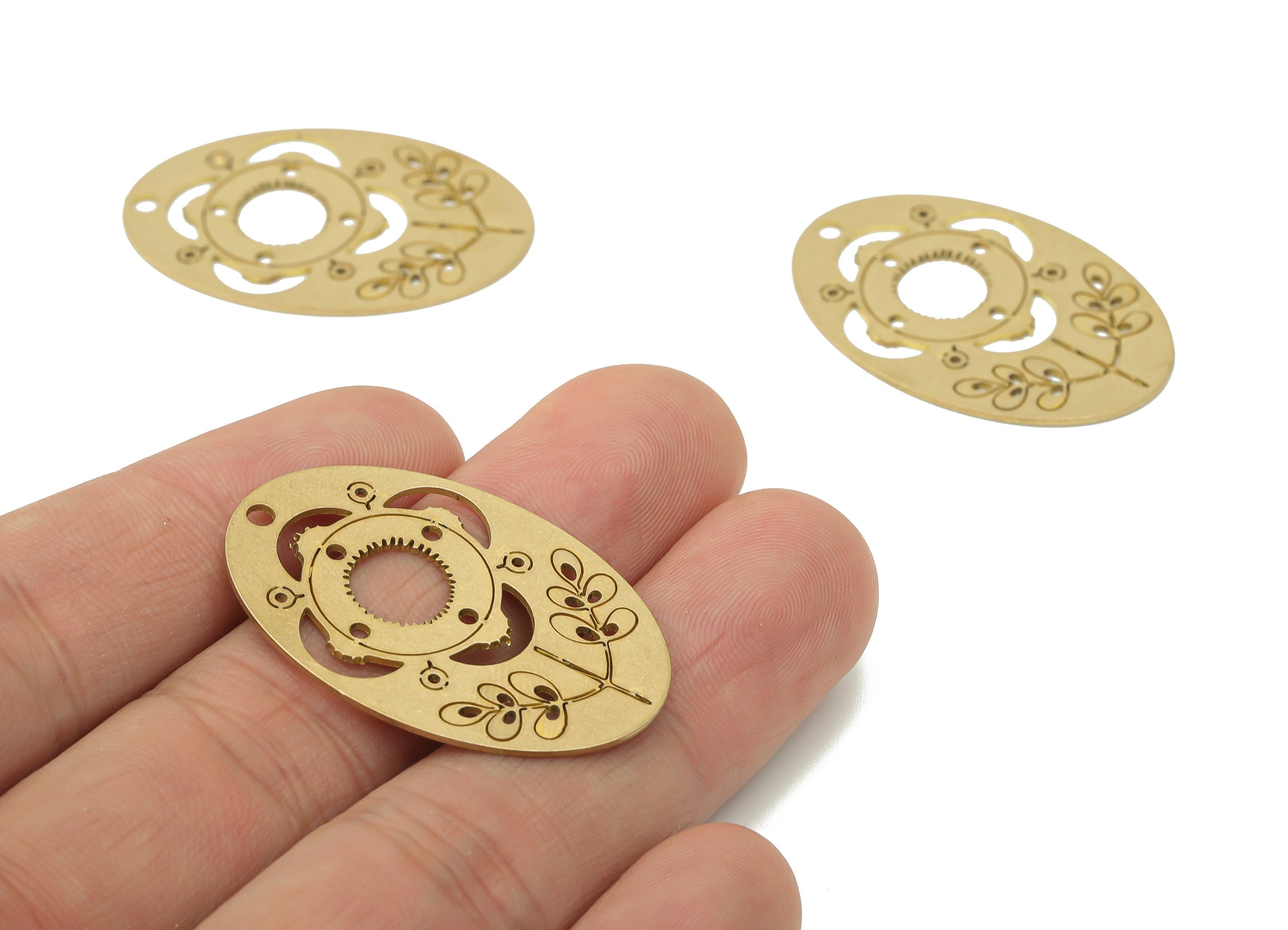 Brass Long Oval Botanical Flower Crescent Earring Charms - Raw Brass Sun Leaves Moon Pendant - Jewelry Supplies - 35.86x23.9x0.7mm - PPA3607 - DOMEDBAZAAR