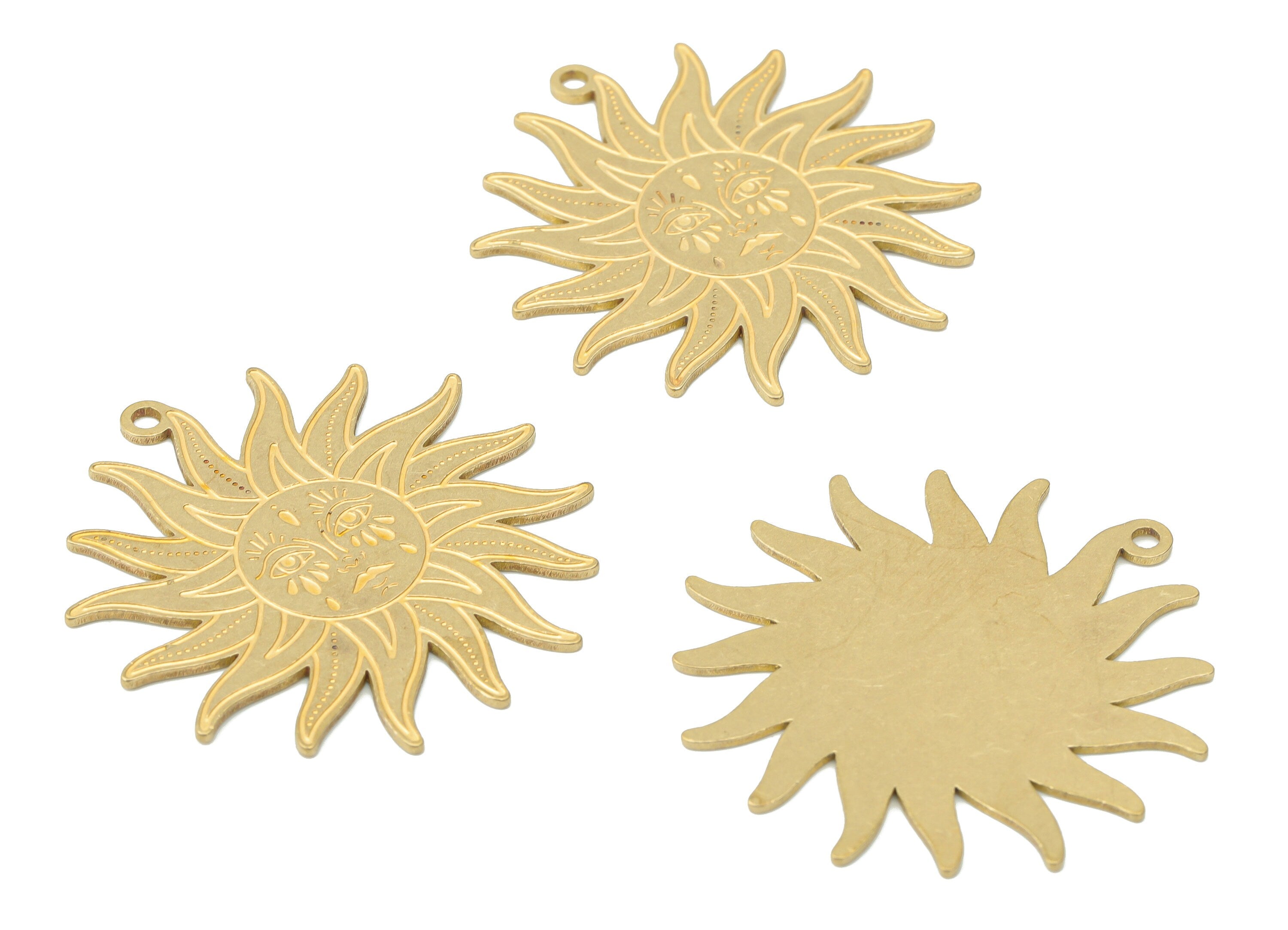 Brass Engraved Sun Woman Face Earring Charms - Raw Brass Face Sun Pendant - DIY Jewelry Making Supplies - 39.84x37.71x0.87mm - PPZ0037 - DOMEDBAZAAR
