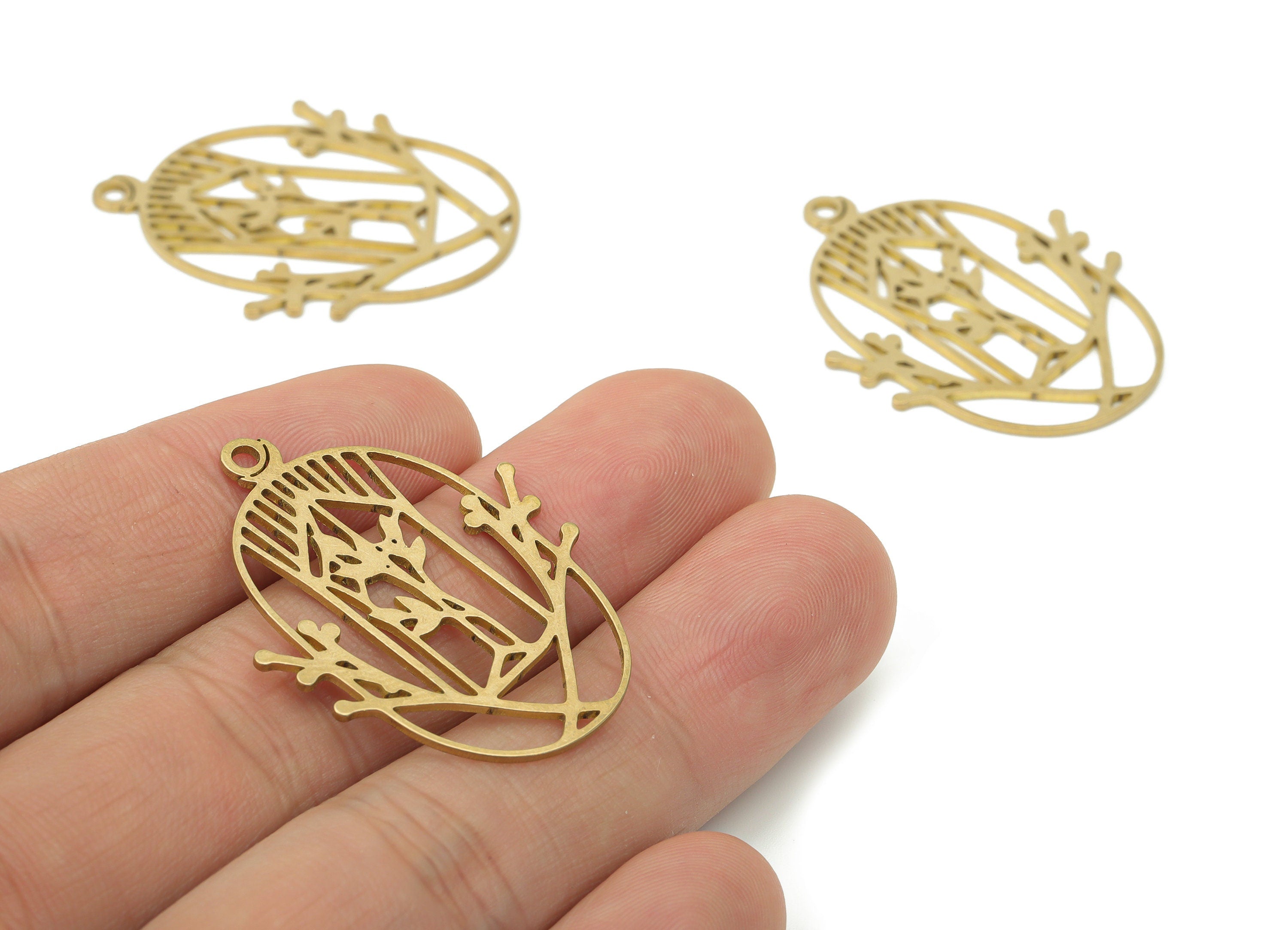 Brass Botanical Branch Earring Charms - Raw Brass Birdcage Oval Flowers Pendant - DIY Jewelry Making Supplies - 36.76x28.27x0.83mm - PPA3665 - DOMEDBAZAAR
