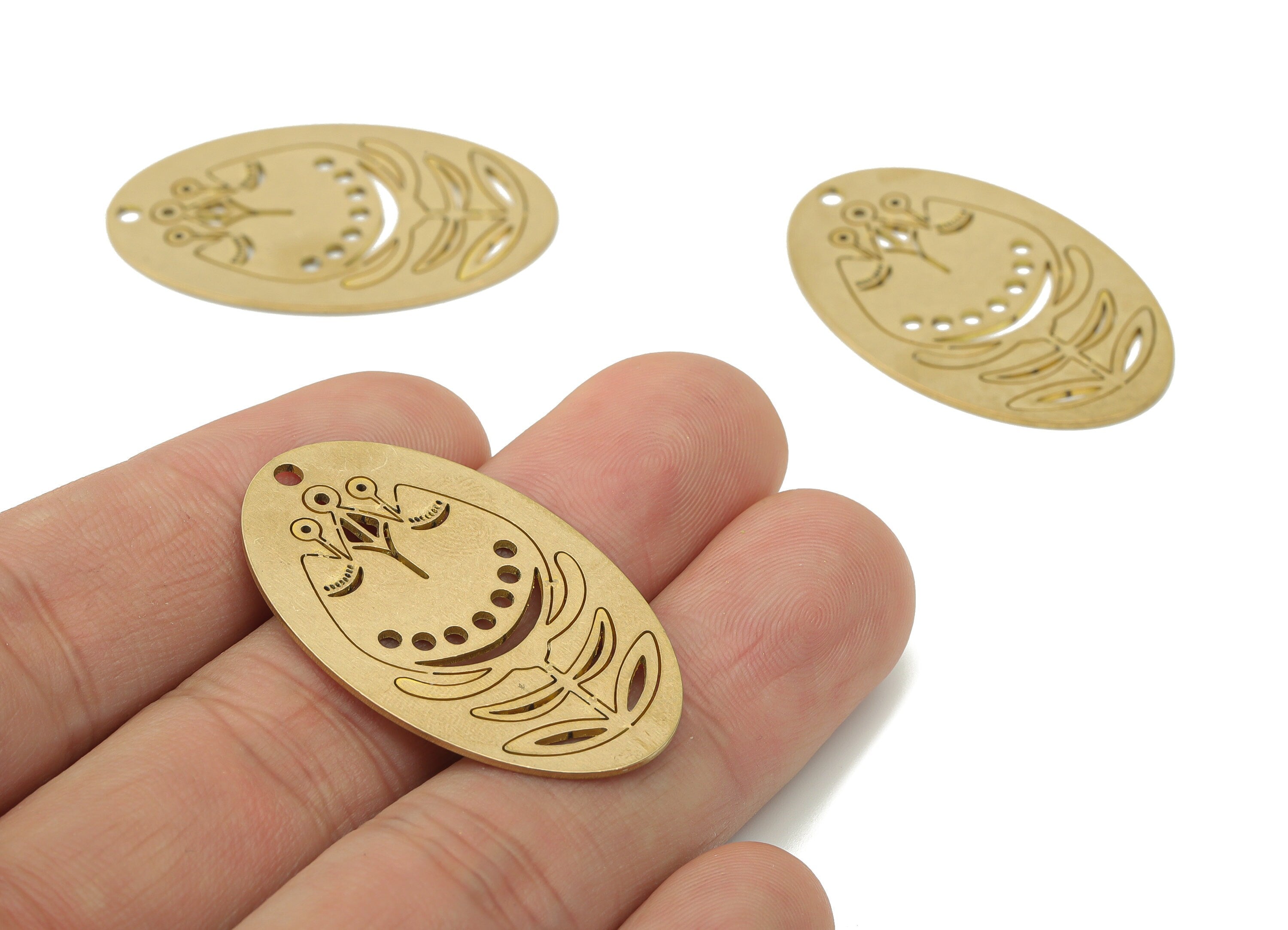 Brass Long Oval Crown Flower Earring Charms - Raw Brass Leaves Oval Pendant - Jewelry Making Supplies - 37.92x23.27x0.76mm - PPA3609 - DOMEDBAZAAR